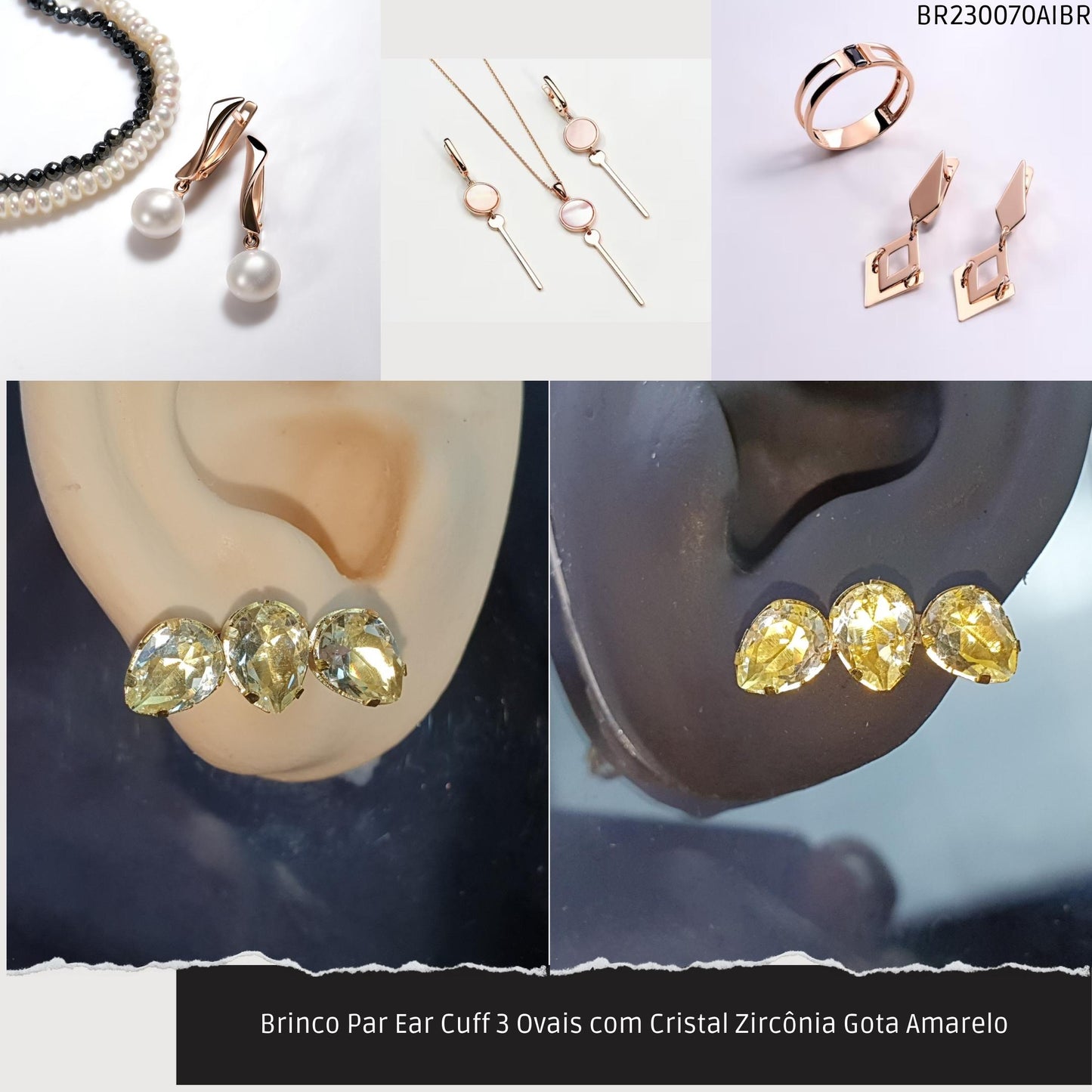 Brinco Par Ear Cuff 3 Ovais com Cristal Zircônia Gota Amarelo  - Código.: BR230070AIBR  - Peso.: 3.1 gr