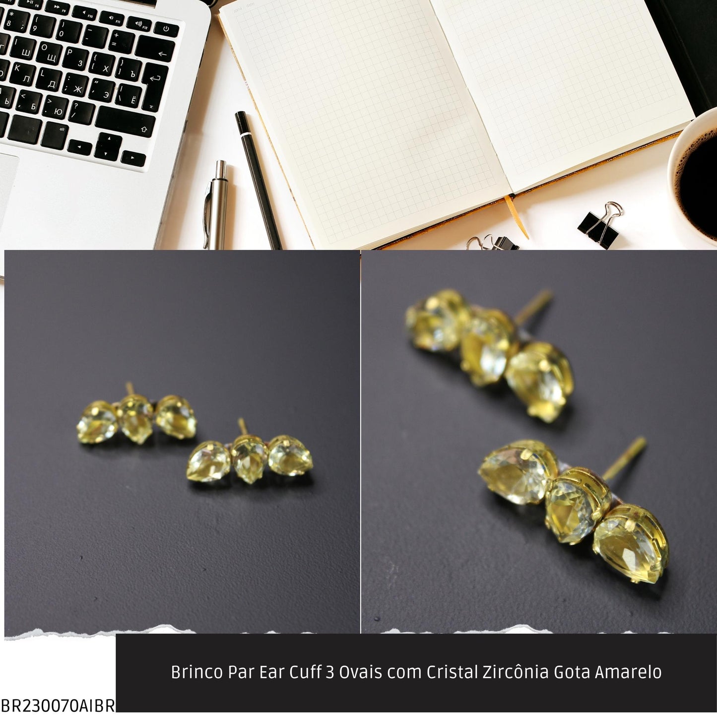 Brinco Par Ear Cuff 3 Ovais com Cristal Zircônia Gota Amarelo  - Código.: BR230070AIBR  - Peso.: 3.1 gr