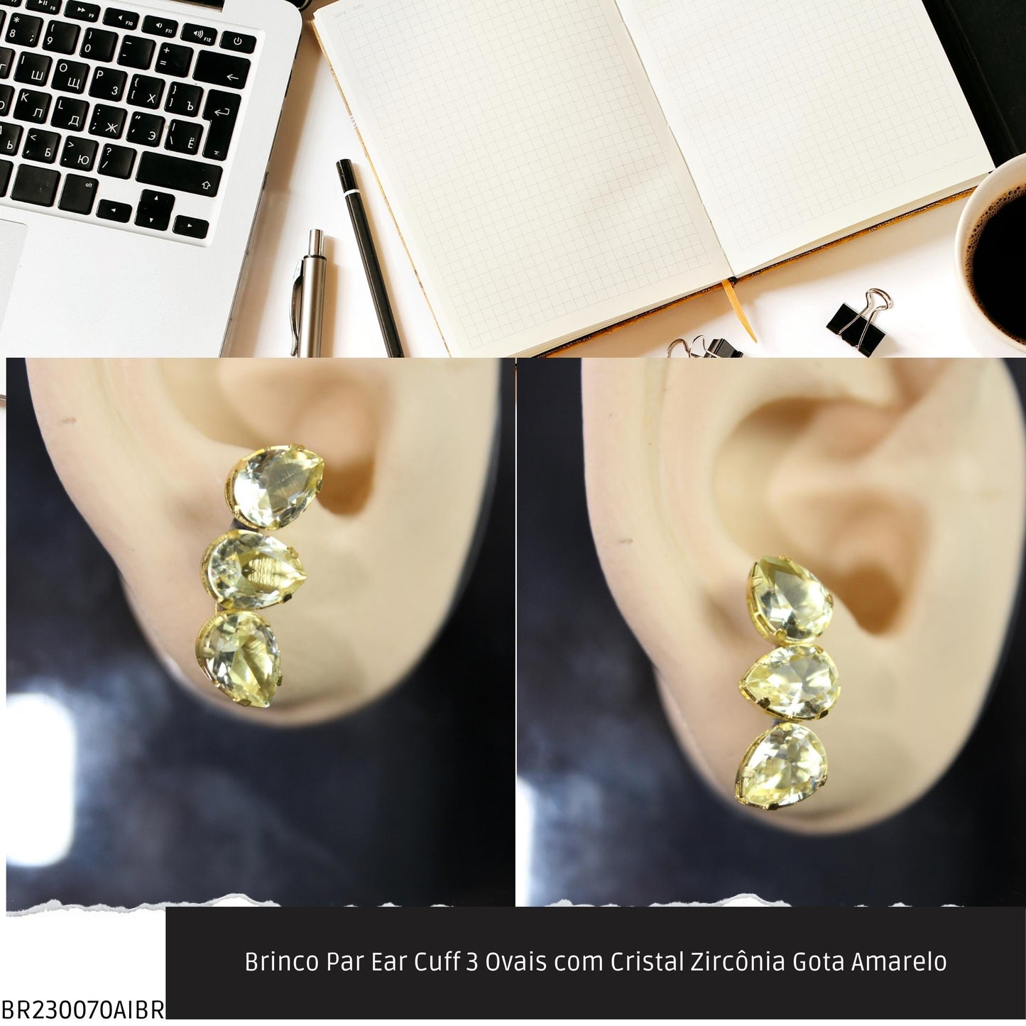 Brinco Par Ear Cuff 3 Ovais com Cristal Zircônia Gota Amarelo  - Código.: BR230070AIBR  - Peso.: 3.1 gr