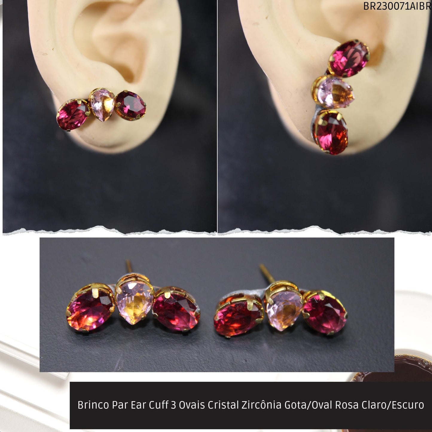 Brinco Par Ear Cuff 3 Ovais Cristal Zircônia Gota/Oval Rosa Claro/Escuro  - Código.: BR230071AIBR  - Peso.: 3.3 gr