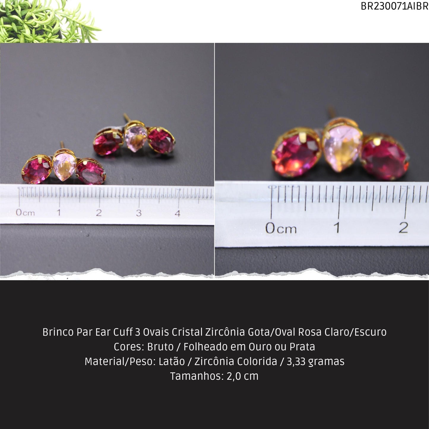 Brinco Par Ear Cuff 3 Ovais Cristal Zircônia Gota/Oval Rosa Claro/Escuro  - Código.: BR230071AIBR  - Peso.: 3.3 gr