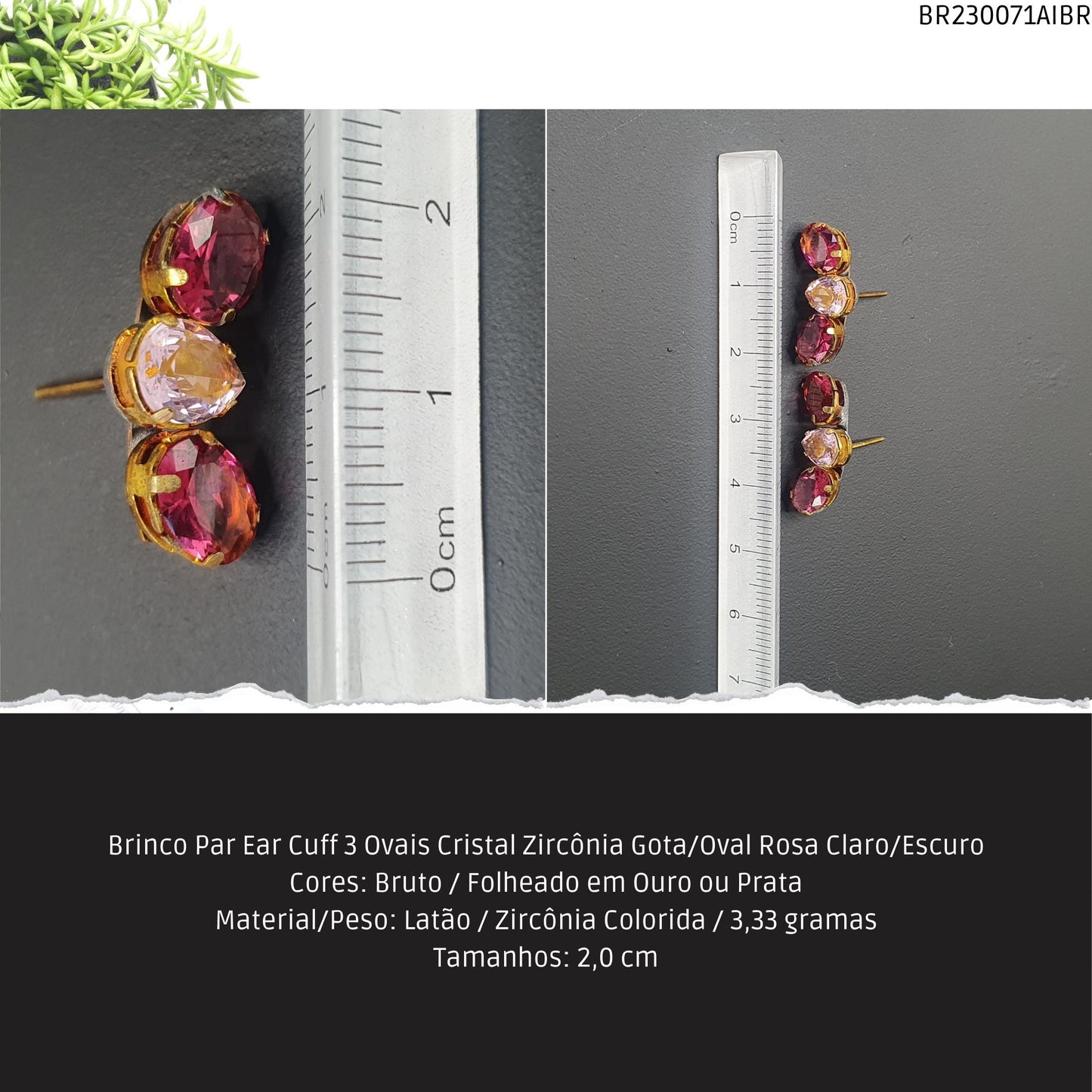 Brinco Par Ear Cuff 3 Ovais Cristal Zircônia Gota/Oval Rosa Claro/Escuro  - Código.: BR230071AIBR  - Peso.: 3.3 gr