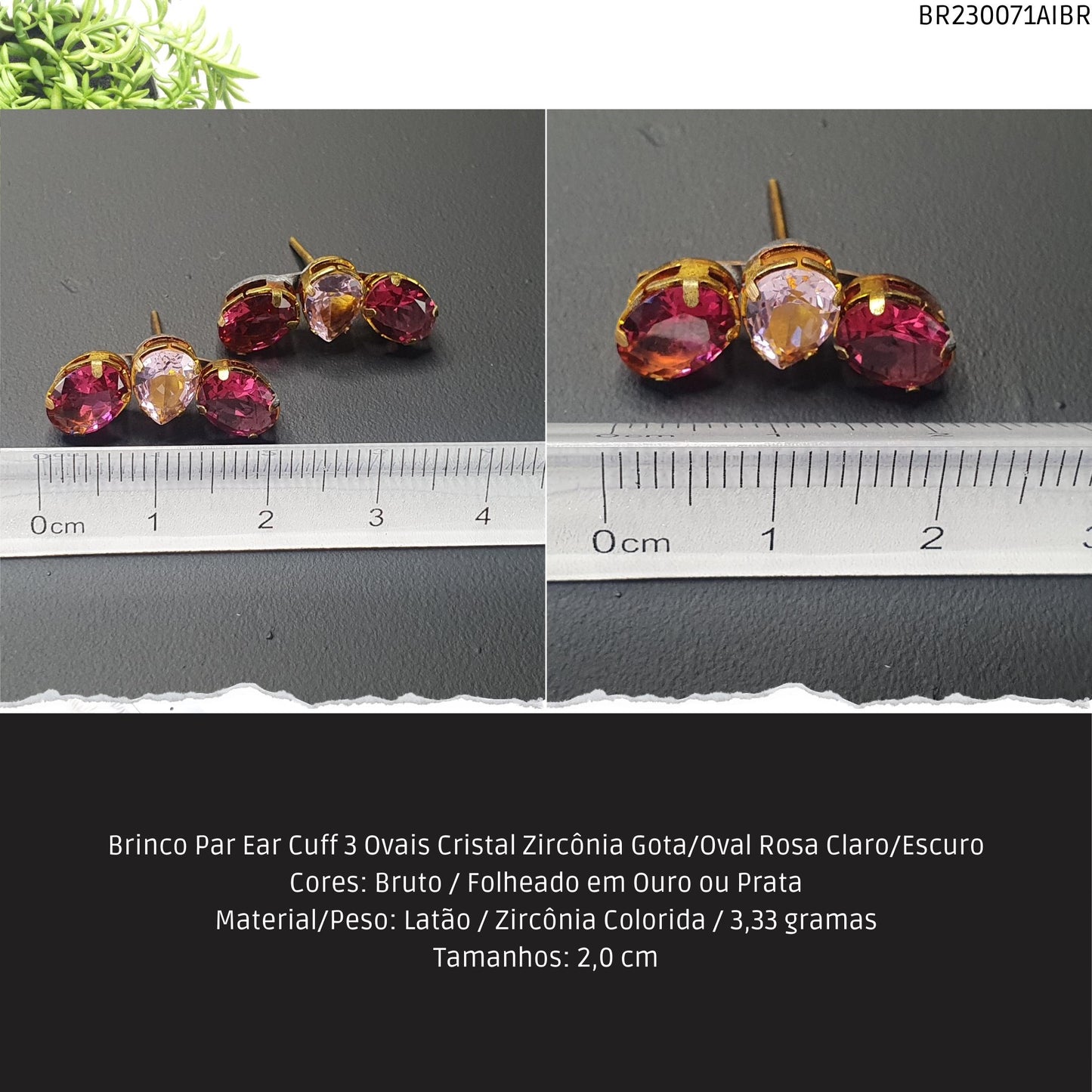 Brinco Par Ear Cuff 3 Ovais Cristal Zircônia Gota/Oval Rosa Claro/Escuro  - Código.: BR230071AIBR  - Peso.: 3.3 gr