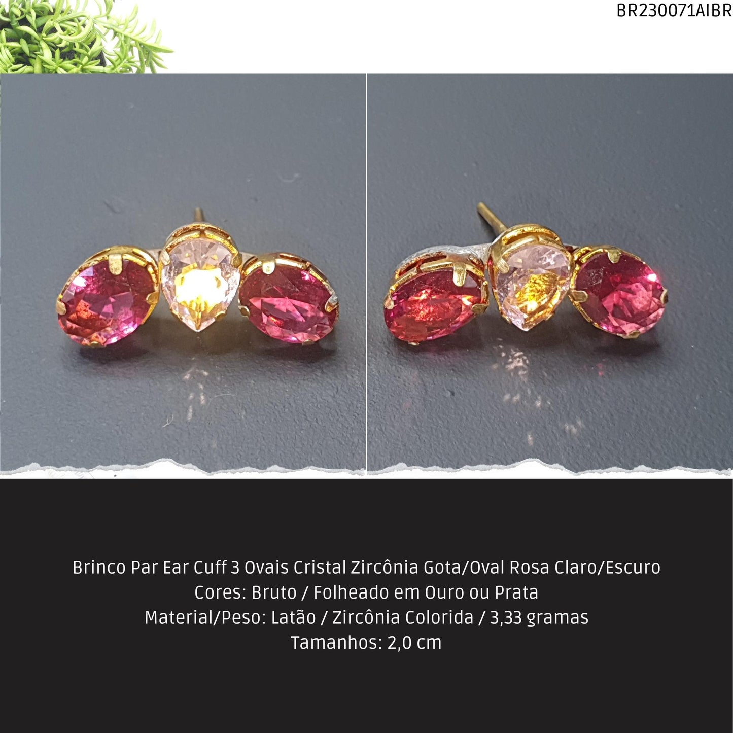 Brinco Par Ear Cuff 3 Ovais Cristal Zircônia Gota/Oval Rosa Claro/Escuro  - Código.: BR230071AIBR  - Peso.: 3.3 gr
