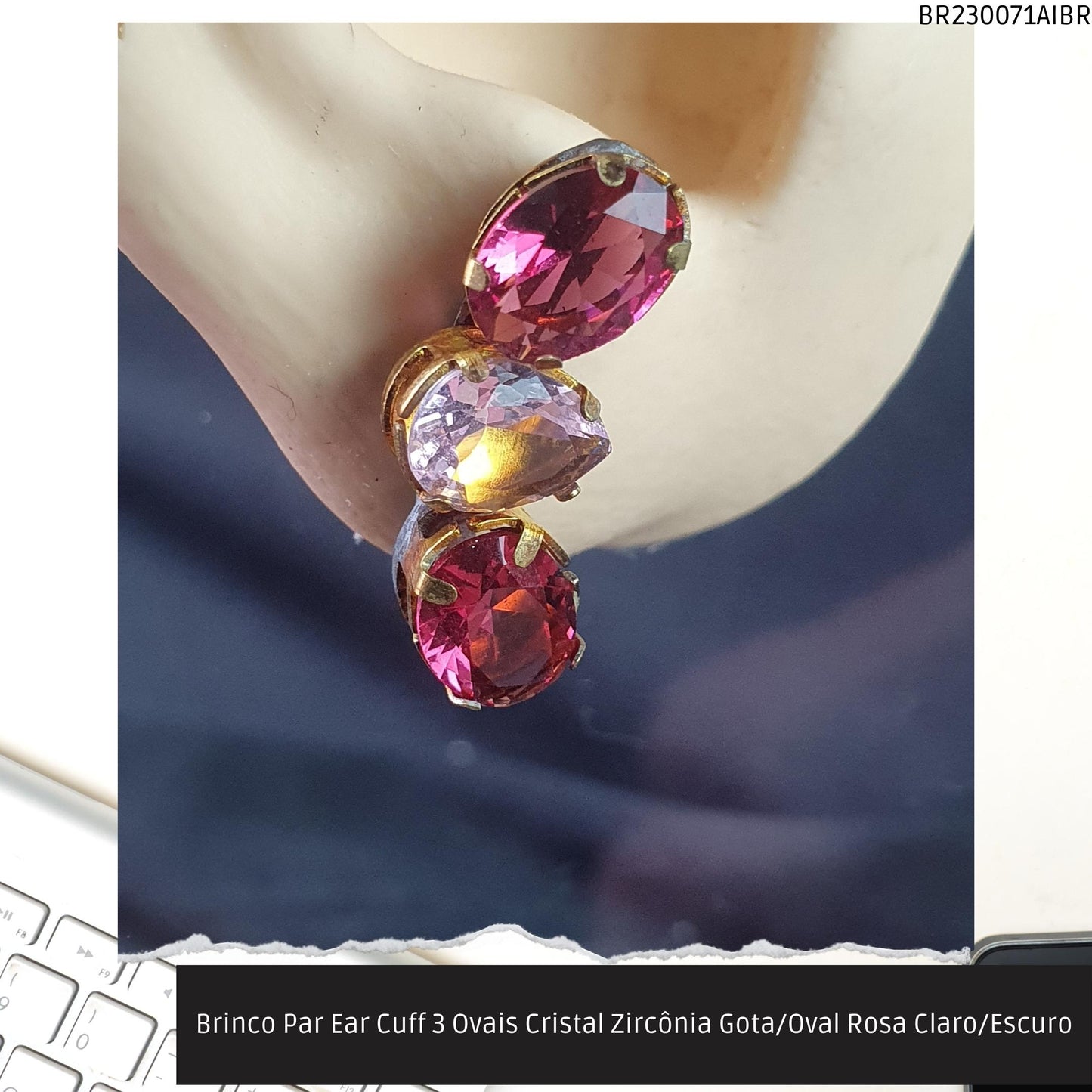 Brinco Par Ear Cuff 3 Ovais Cristal Zircônia Gota/Oval Rosa Claro/Escuro  - Código.: BR230071AIBR  - Peso.: 3.3 gr