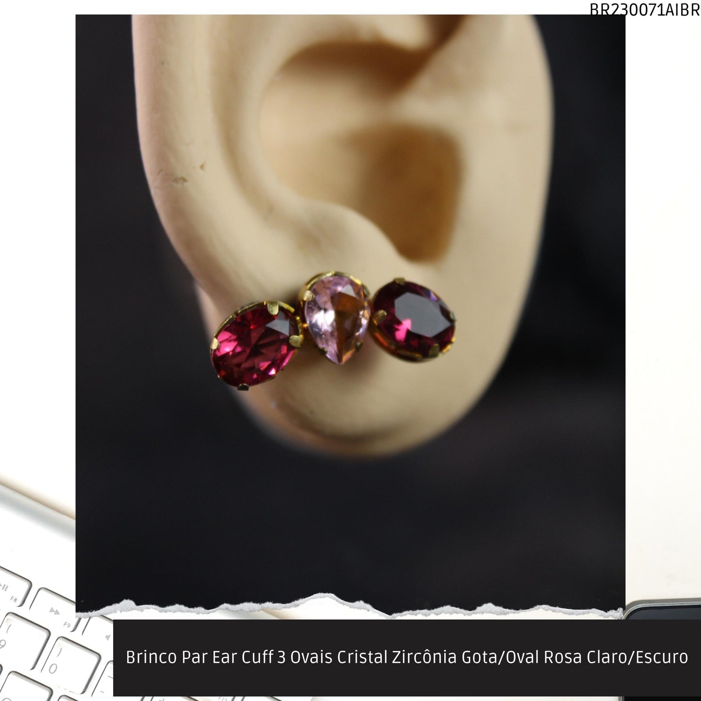 Brinco Par Ear Cuff 3 Ovais Cristal Zircônia Gota/Oval Rosa Claro/Escuro  - Código.: BR230071AIBR  - Peso.: 3.3 gr