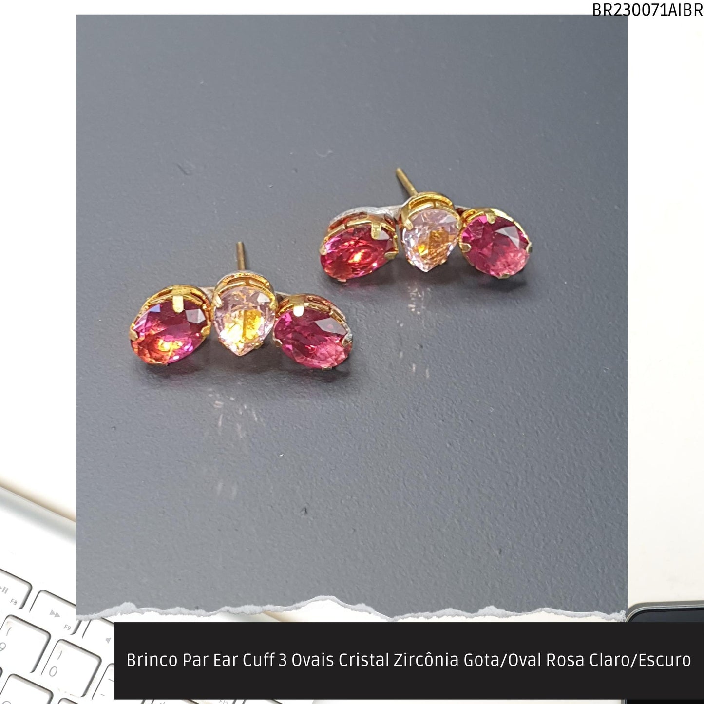 Brinco Par Ear Cuff 3 Ovais Cristal Zircônia Gota/Oval Rosa Claro/Escuro  - Código.: BR230071AIBR  - Peso.: 3.3 gr