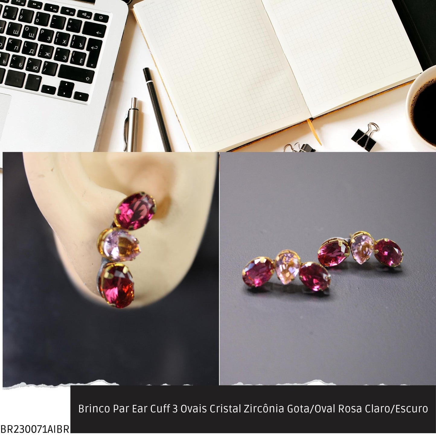 Brinco Par Ear Cuff 3 Ovais Cristal Zircônia Gota/Oval Rosa Claro/Escuro  - Código.: BR230071AIBR  - Peso.: 3.3 gr