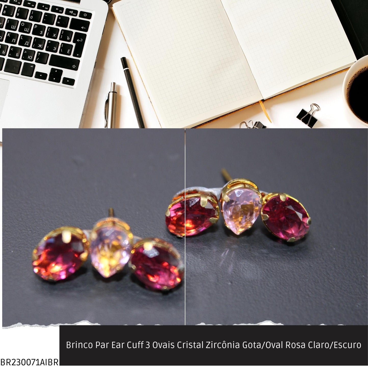 Brinco Par Ear Cuff 3 Ovais Cristal Zircônia Gota/Oval Rosa Claro/Escuro  - Código.: BR230071AIBR  - Peso.: 3.3 gr