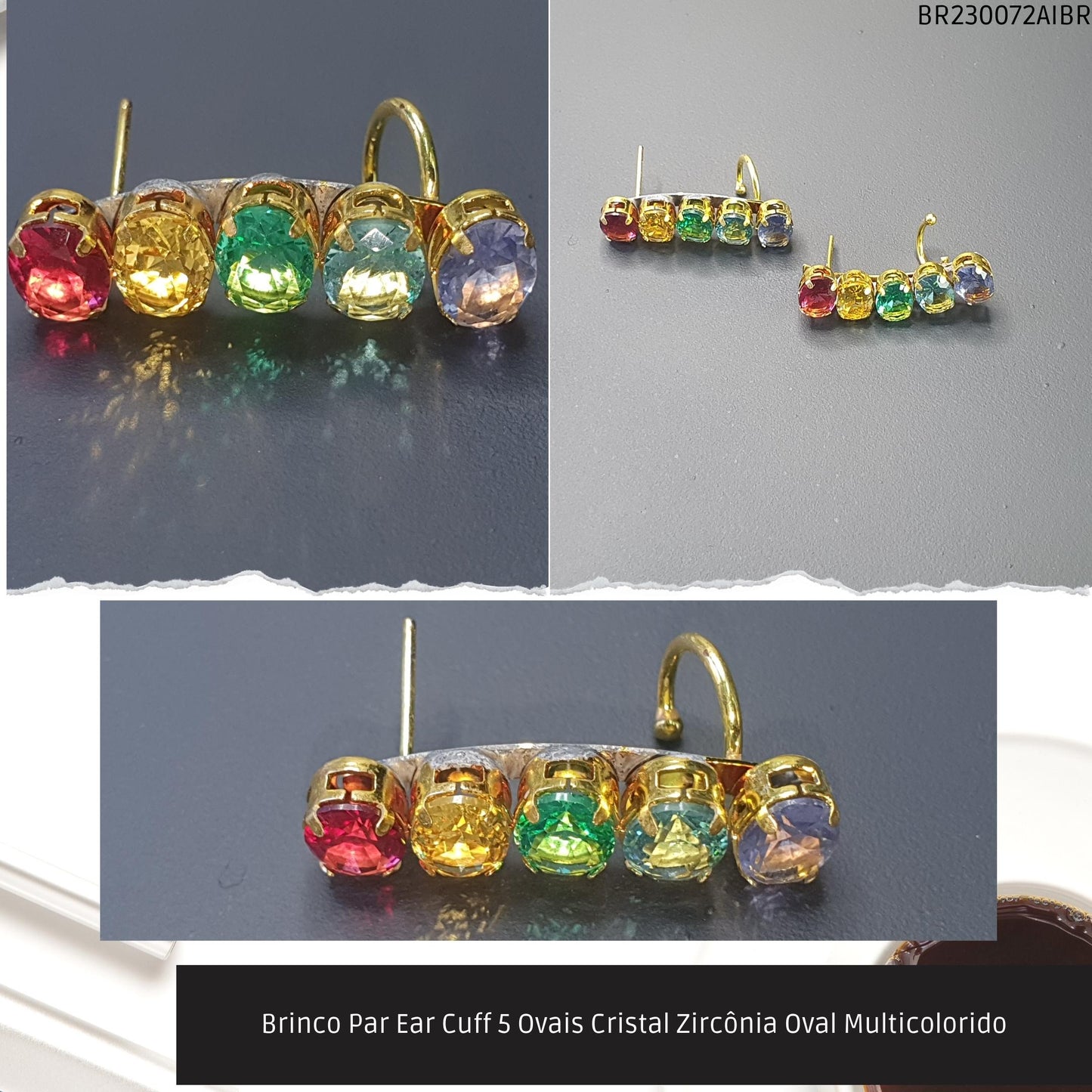 Brinco Par Ear Cuff 5 Ovais Cristal Zircônia Oval Multicolorido  - Código.: BR230072AIBR  - Peso.: 5.7 gr
