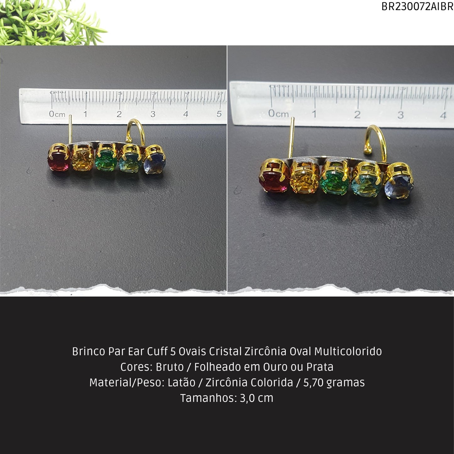 Brinco Par Ear Cuff 5 Ovais Cristal Zircônia Oval Multicolorido  - Código.: BR230072AIBR  - Peso.: 5.7 gr