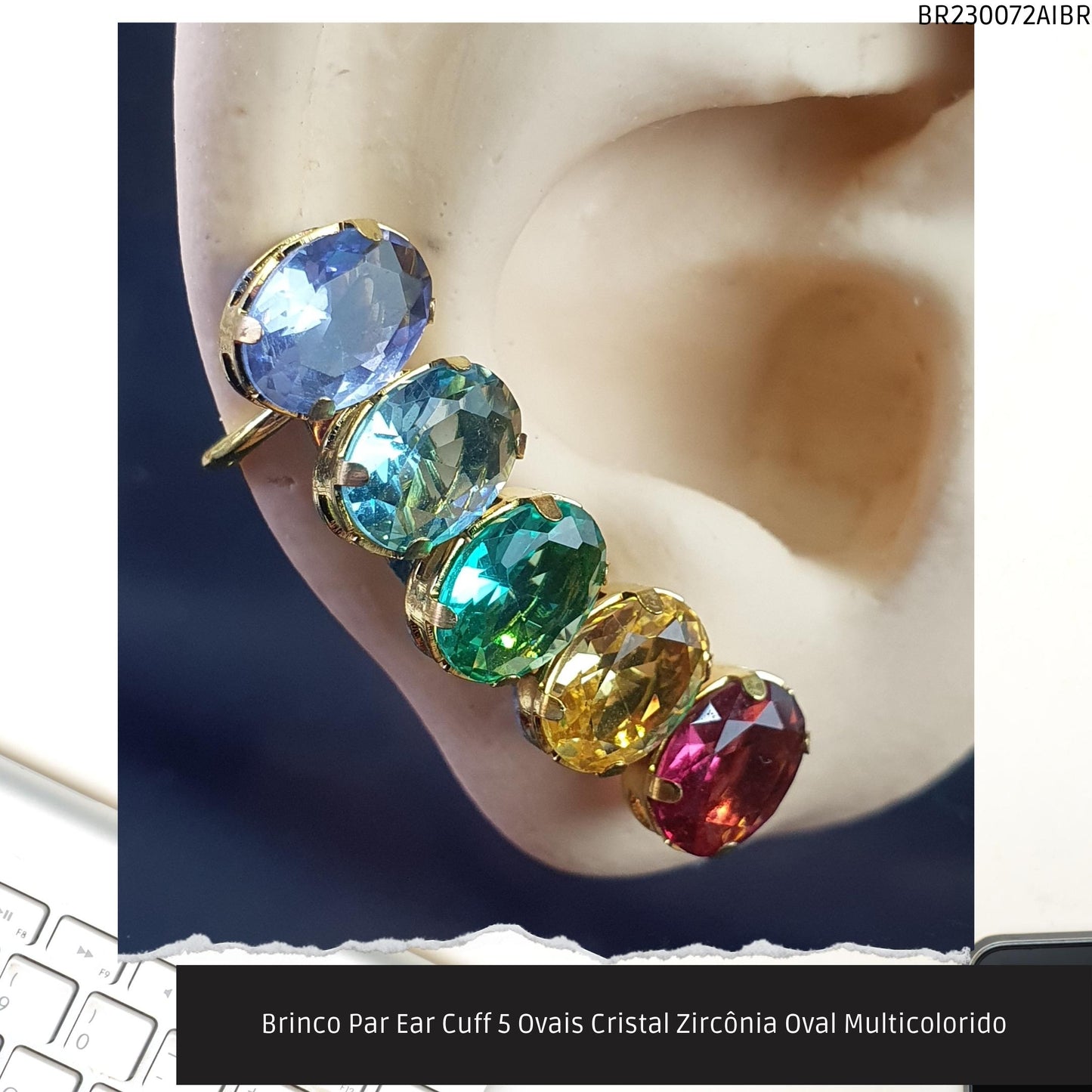 Brinco Par Ear Cuff 5 Ovais Cristal Zircônia Oval Multicolorido  - Código.: BR230072AIBR  - Peso.: 5.7 gr