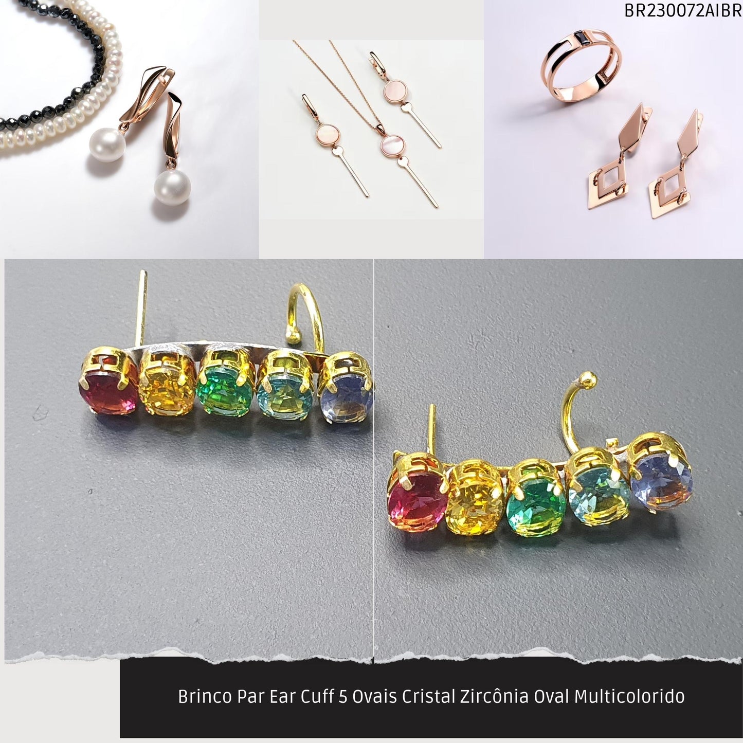 Brinco Par Ear Cuff 5 Ovais Cristal Zircônia Oval Multicolorido  - Código.: BR230072AIBR  - Peso.: 5.7 gr