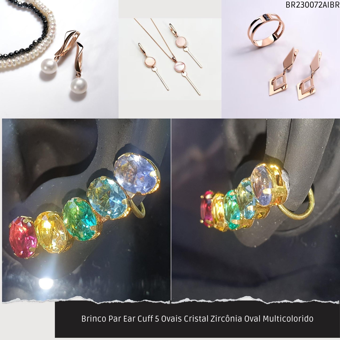 Brinco Par Ear Cuff 5 Ovais Cristal Zircônia Oval Multicolorido  - Código.: BR230072AIBR  - Peso.: 5.7 gr