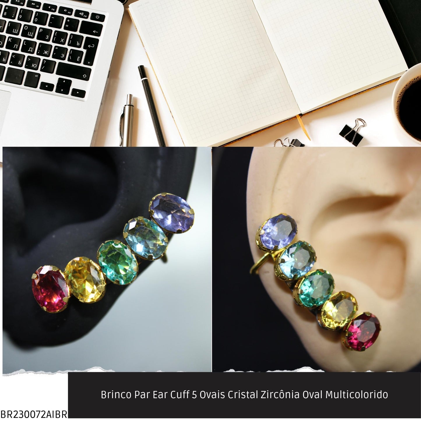 Brinco Par Ear Cuff 5 Ovais Cristal Zircônia Oval Multicolorido  - Código.: BR230072AIBR  - Peso.: 5.7 gr