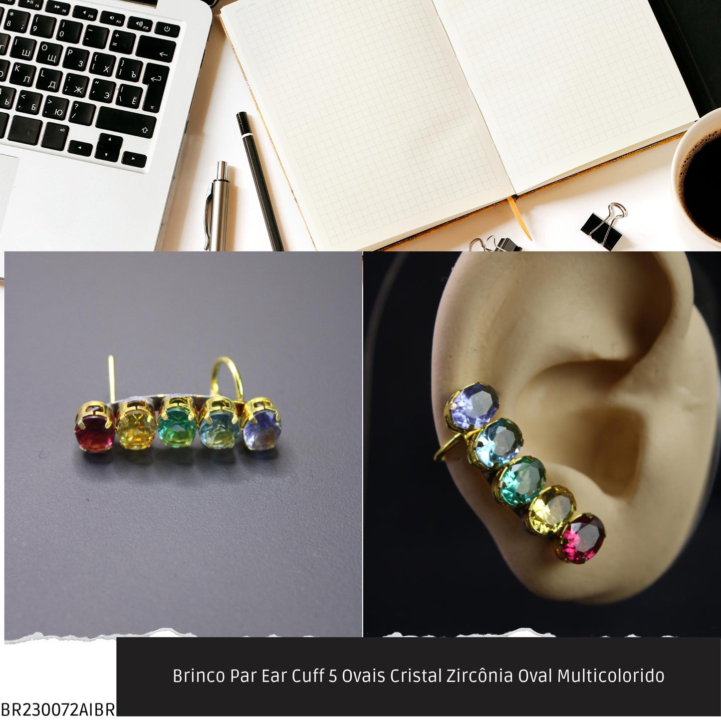 Brinco Par Ear Cuff 5 Ovais Cristal Zircônia Oval Multicolorido  - Código.: BR230072AIBR  - Peso.: 5.7 gr