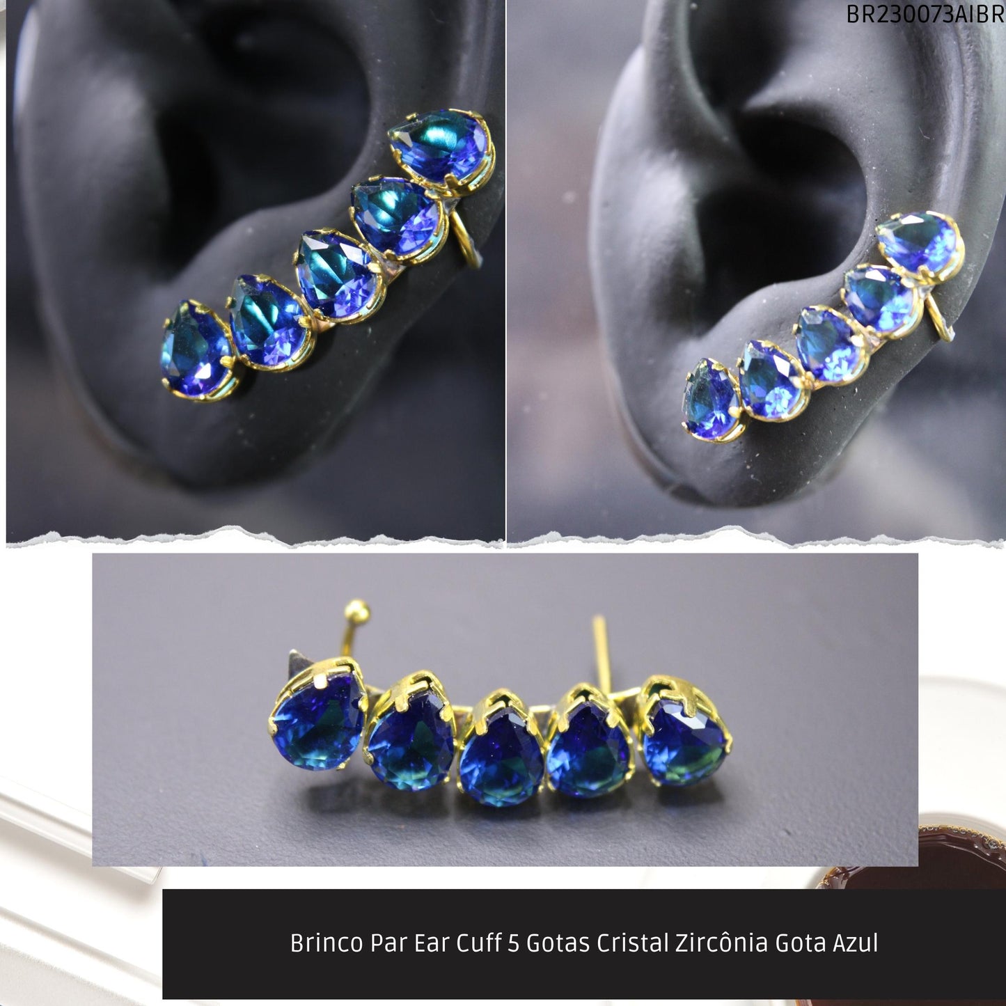 Brinco Par Ear Cuff 5 Gotas Cristal Zircônia Gota Azul  - Código.: BR230073AIBR  - Peso.: 5.3 gr