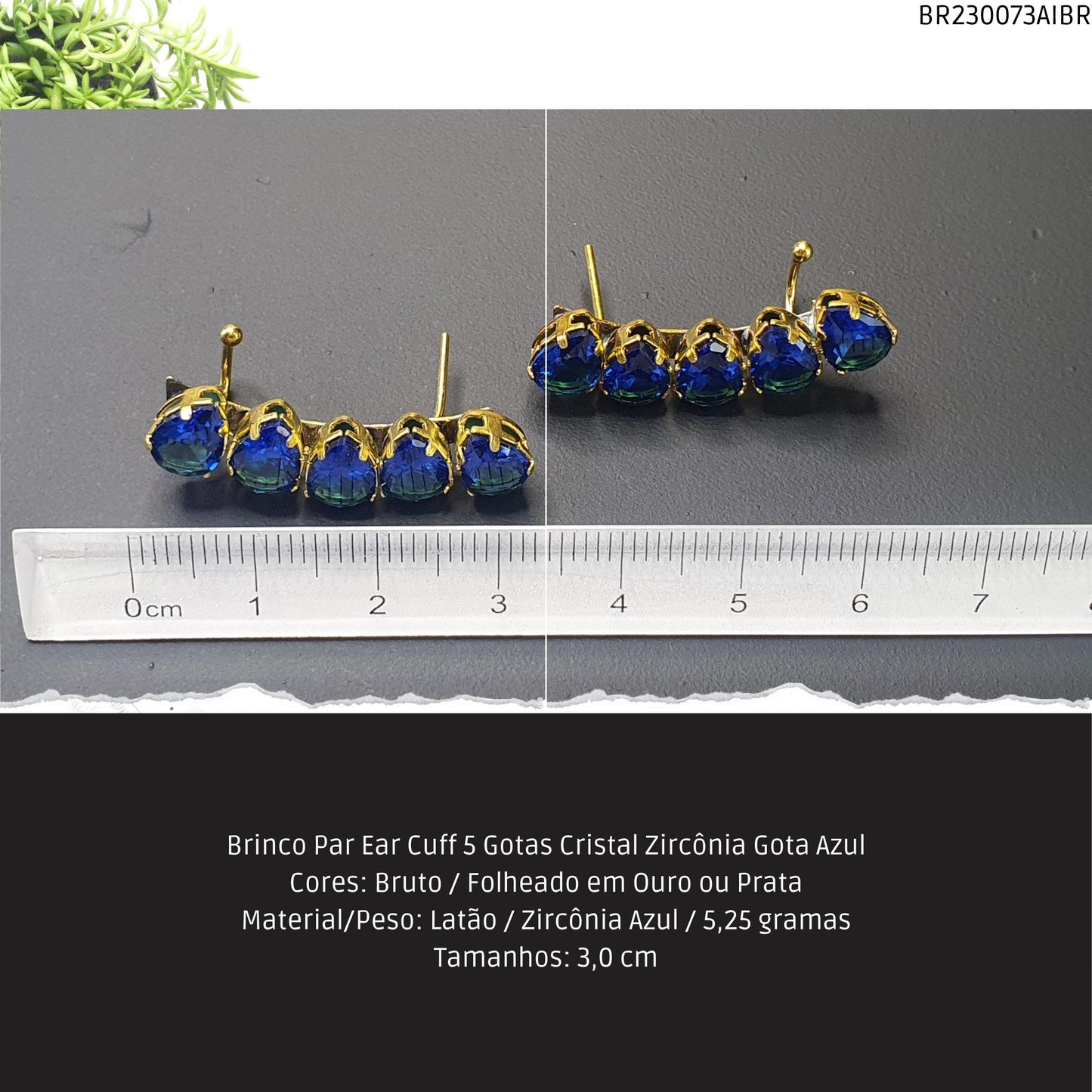 Brinco Par Ear Cuff 5 Gotas Cristal Zircônia Gota Azul  - Código.: BR230073AIBR  - Peso.: 5.3 gr