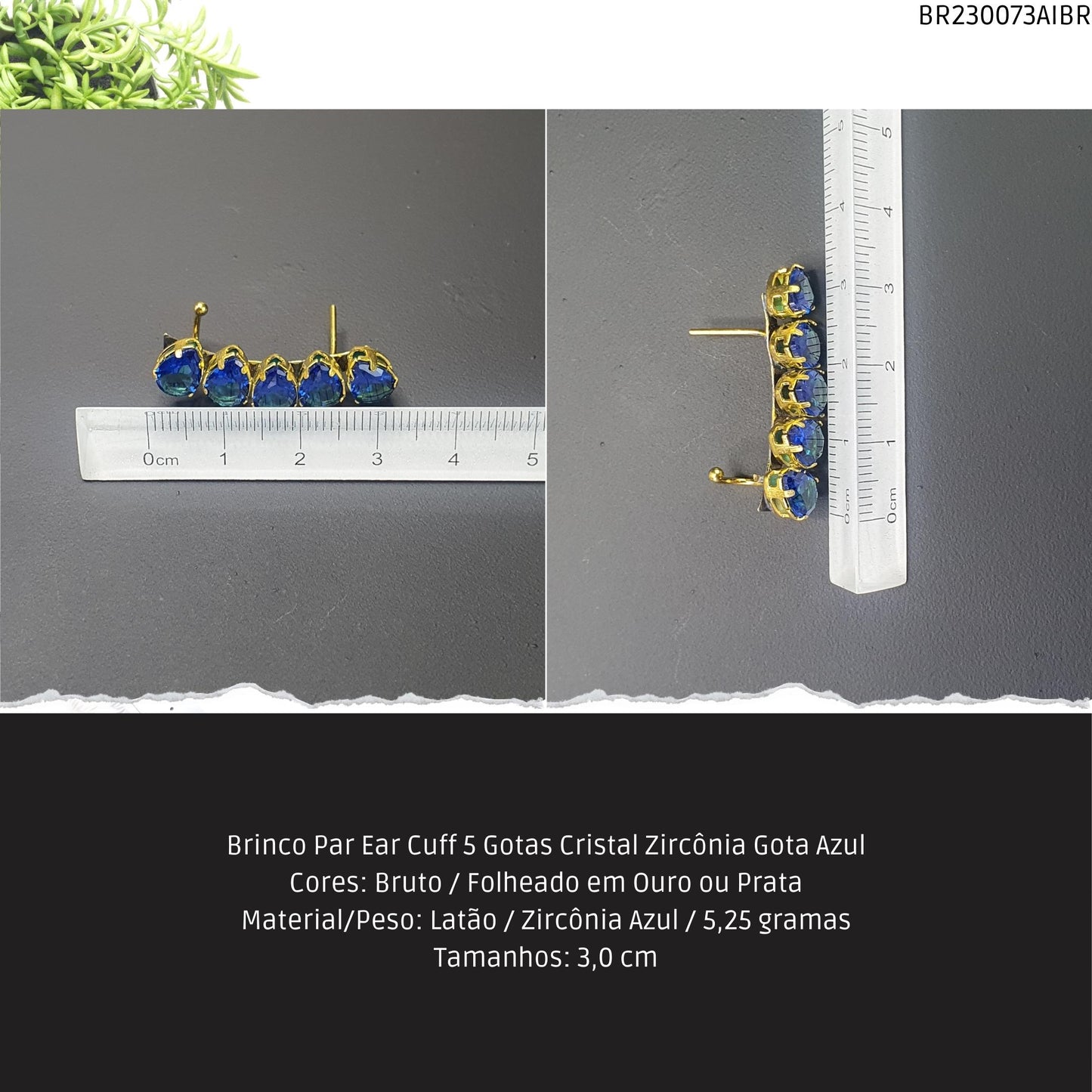 Brinco Par Ear Cuff 5 Gotas Cristal Zircônia Gota Azul  - Código.: BR230073AIBR  - Peso.: 5.3 gr