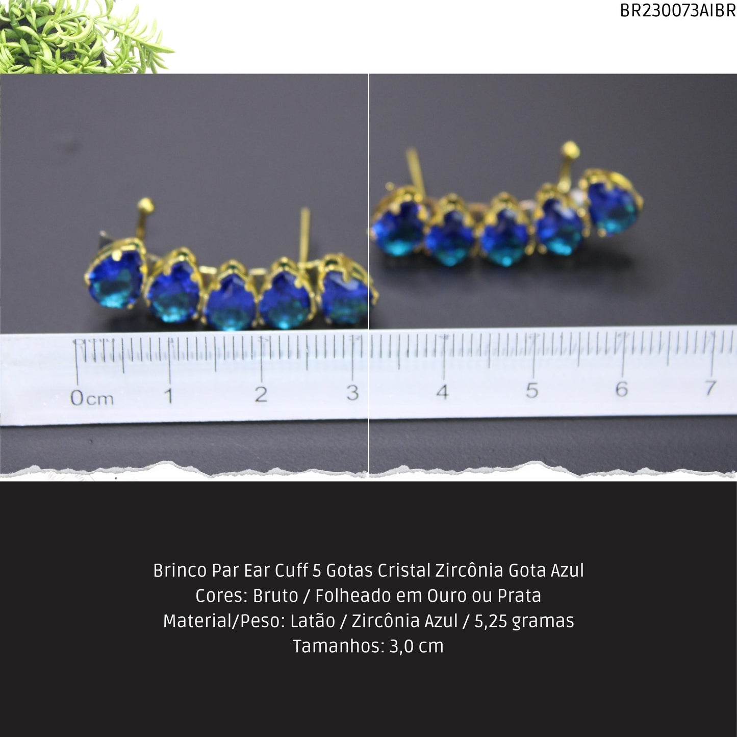 Brinco Par Ear Cuff 5 Gotas Cristal Zircônia Gota Azul  - Código.: BR230073AIBR  - Peso.: 5.3 gr