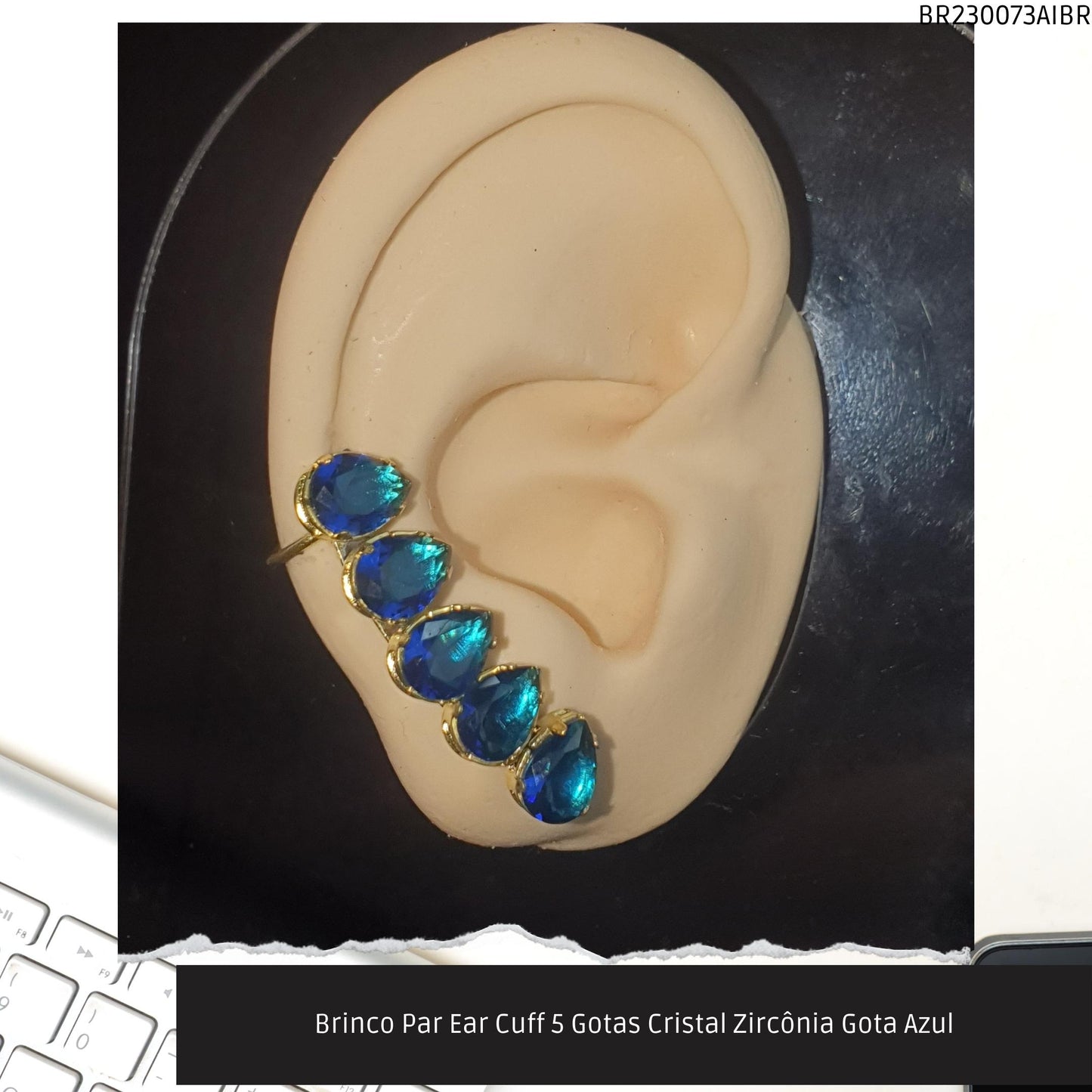 Brinco Par Ear Cuff 5 Gotas Cristal Zircônia Gota Azul  - Código.: BR230073AIBR  - Peso.: 5.3 gr