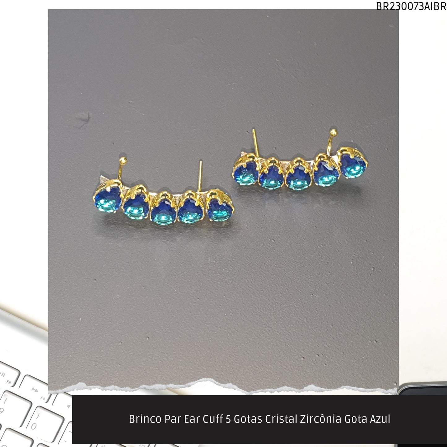 Brinco Par Ear Cuff 5 Gotas Cristal Zircônia Gota Azul  - Código.: BR230073AIBR  - Peso.: 5.3 gr
