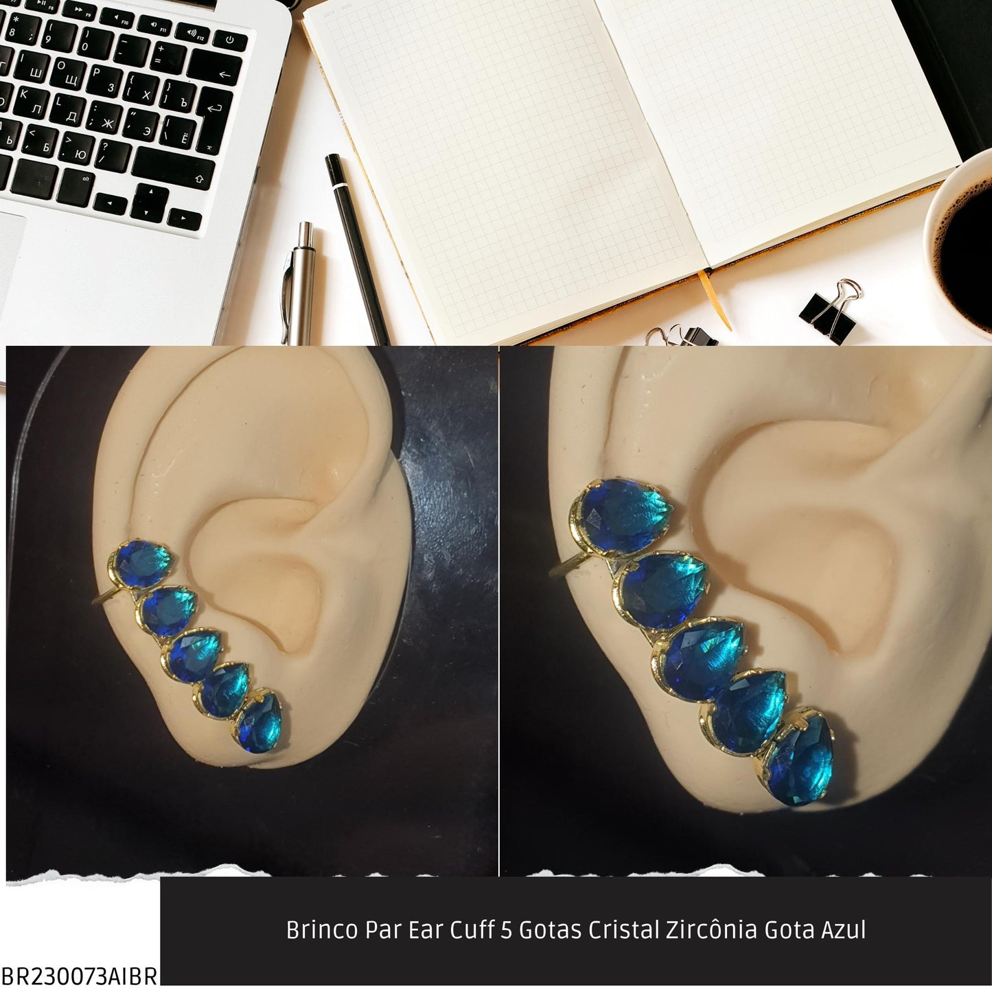 Brinco Par Ear Cuff 5 Gotas Cristal Zircônia Gota Azul  - Código.: BR230073AIBR  - Peso.: 5.3 gr