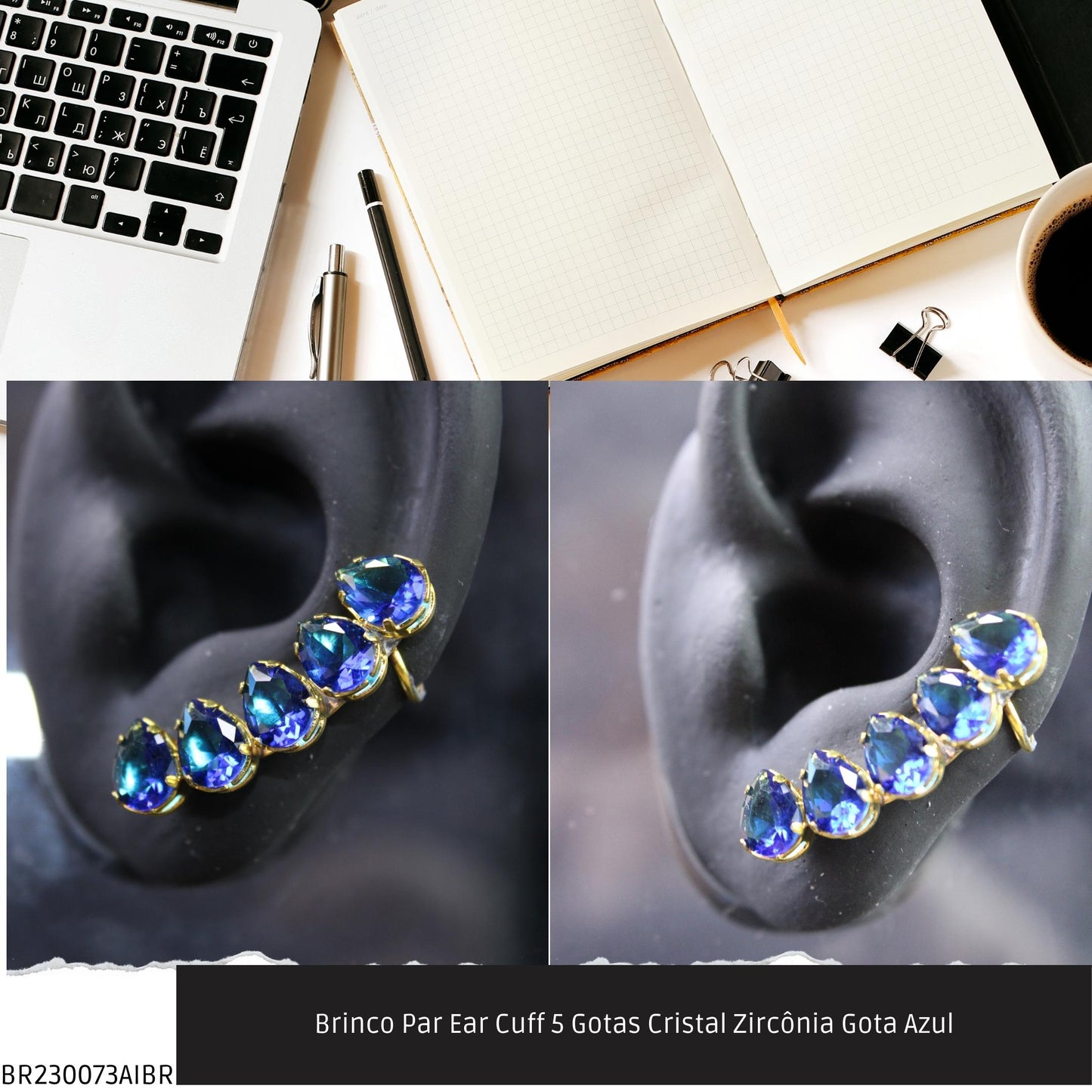 Brinco Par Ear Cuff 5 Gotas Cristal Zircônia Gota Azul  - Código.: BR230073AIBR  - Peso.: 5.3 gr