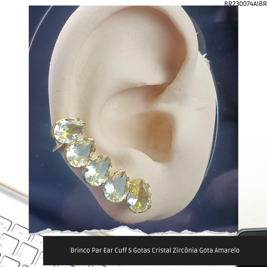 Brinco Par Ear Cuff 5 Gotas Cristal Zircônia Gota Amarelo  - Código.: BR230074AIBR  - Peso.: 5.6 gr