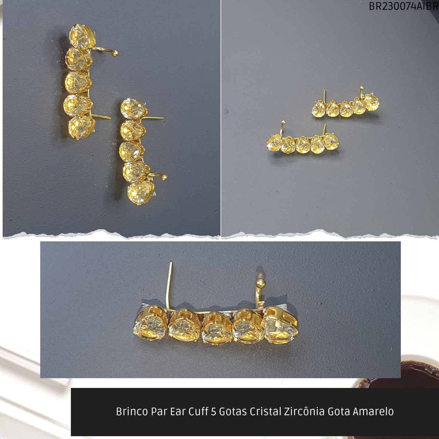 Brinco Par Ear Cuff 5 Gotas Cristal Zircônia Gota Amarelo  - Código.: BR230074AIBR  - Peso.: 5.6 gr