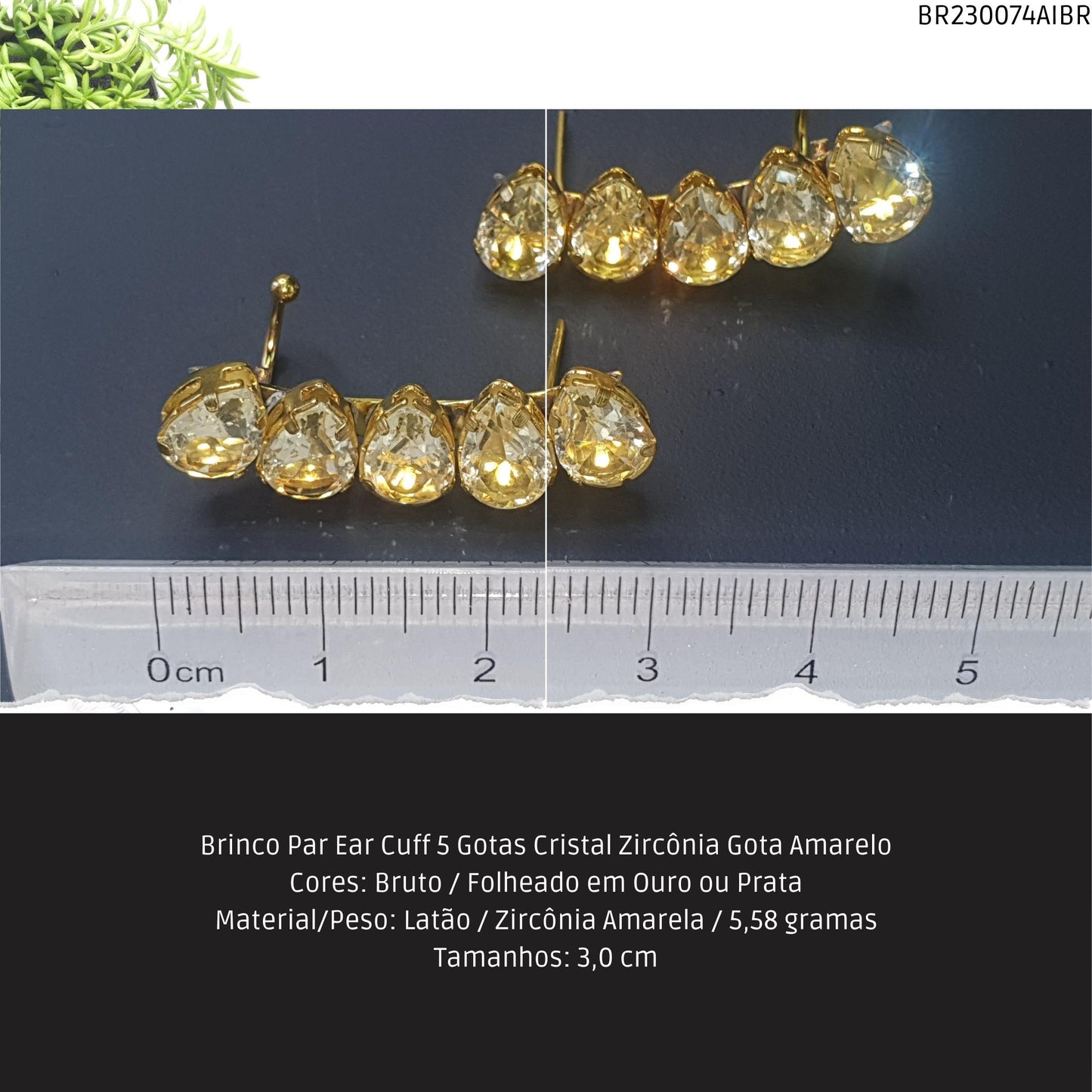 Brinco Par Ear Cuff 5 Gotas Cristal Zircônia Gota Amarelo  - Código.: BR230074AIBR  - Peso.: 5.6 gr