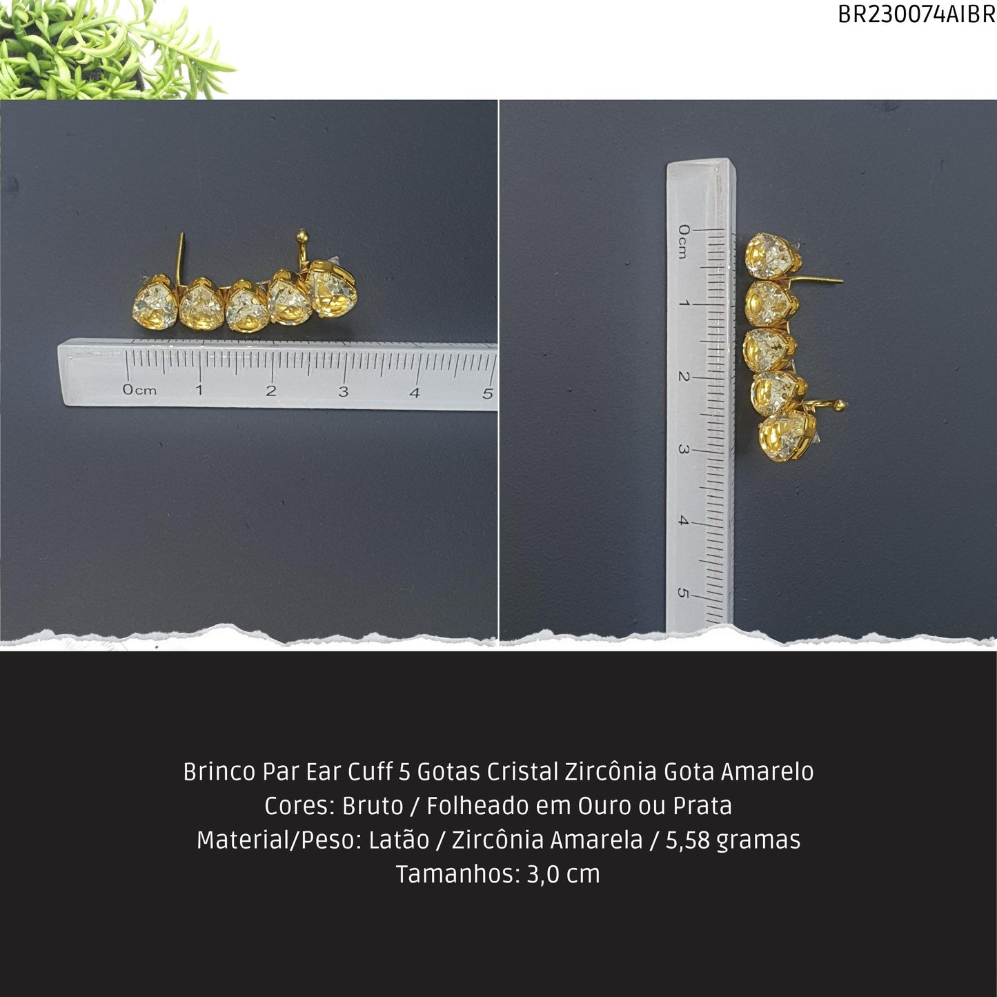 Brinco Par Ear Cuff 5 Gotas Cristal Zircônia Gota Amarelo  - Código.: BR230074AIBR  - Peso.: 5.6 gr