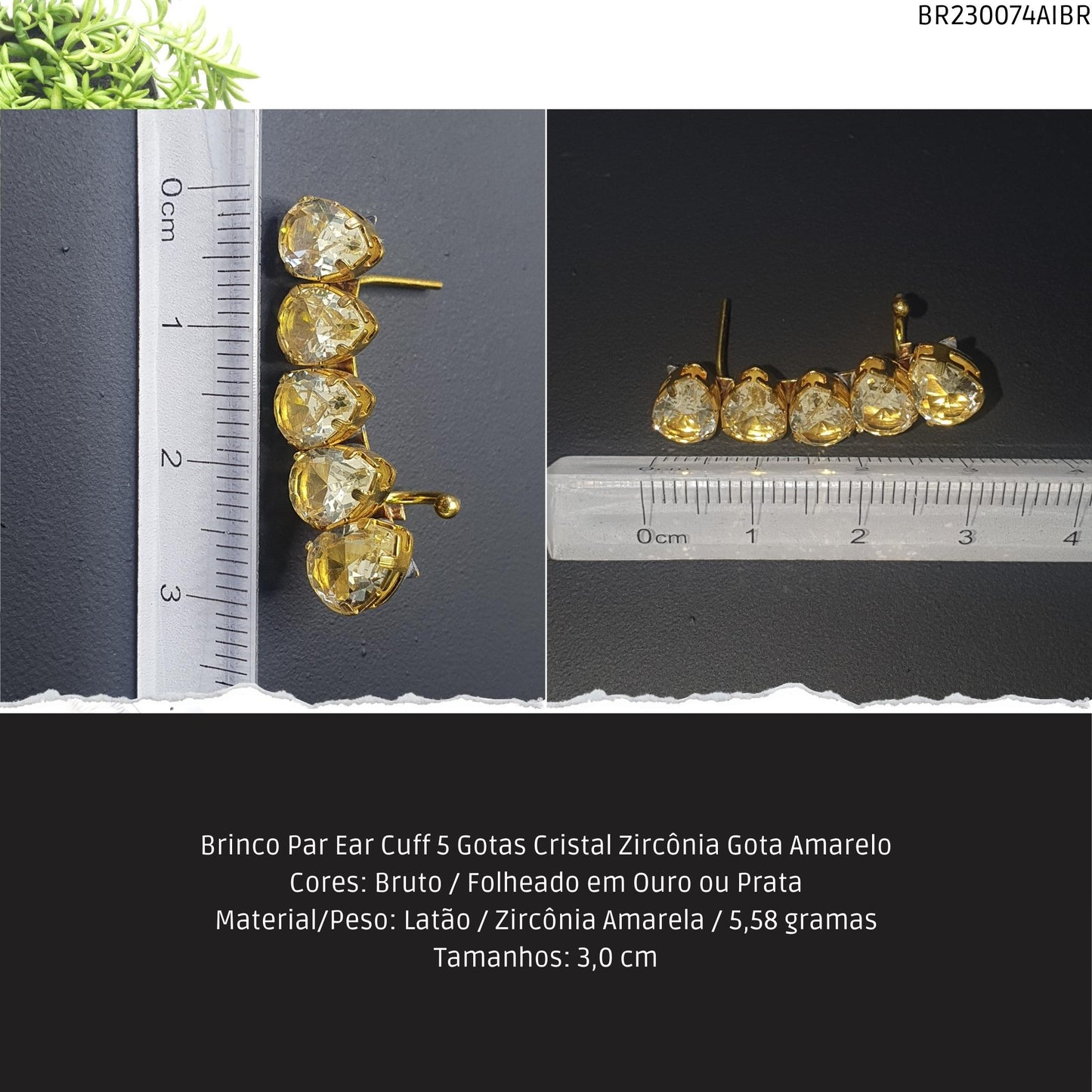 Brinco Par Ear Cuff 5 Gotas Cristal Zircônia Gota Amarelo  - Código.: BR230074AIBR  - Peso.: 5.6 gr