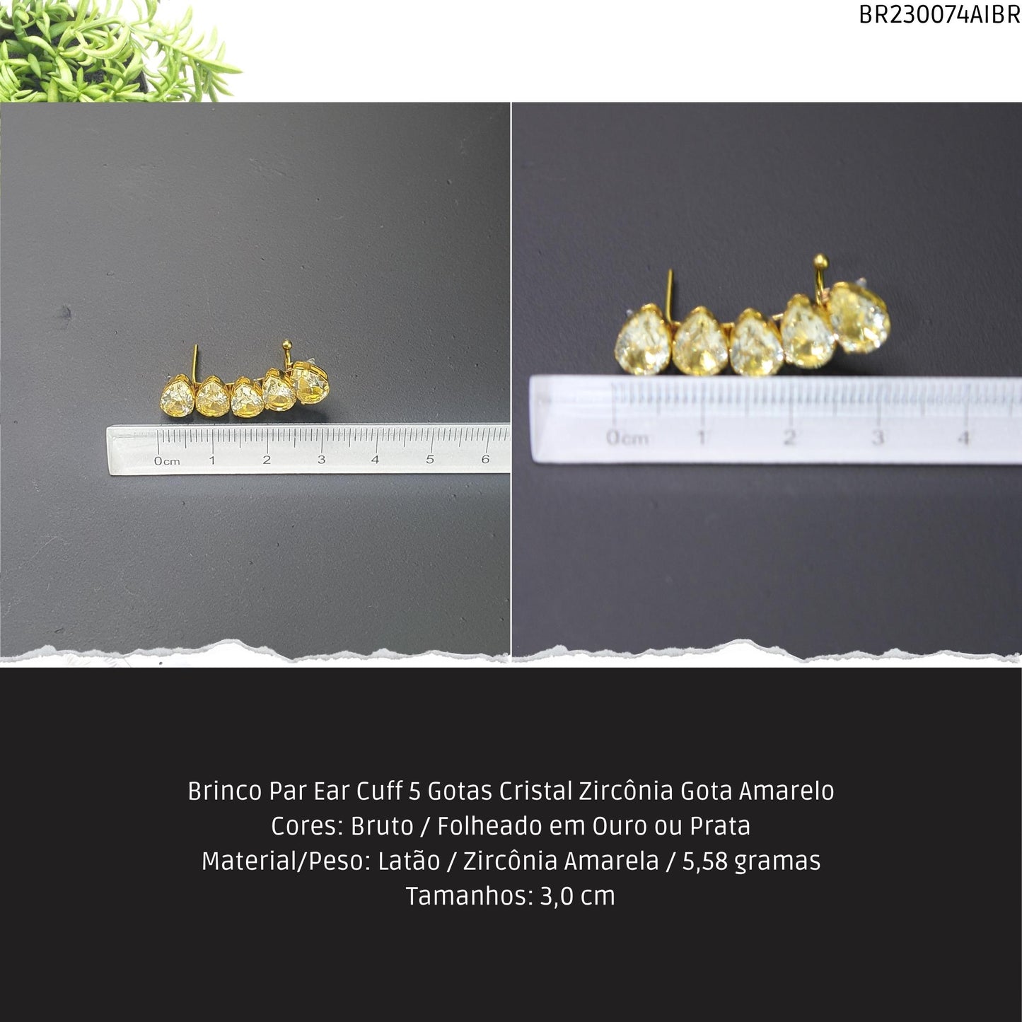 Brinco Par Ear Cuff 5 Gotas Cristal Zircônia Gota Amarelo  - Código.: BR230074AIBR  - Peso.: 5.6 gr