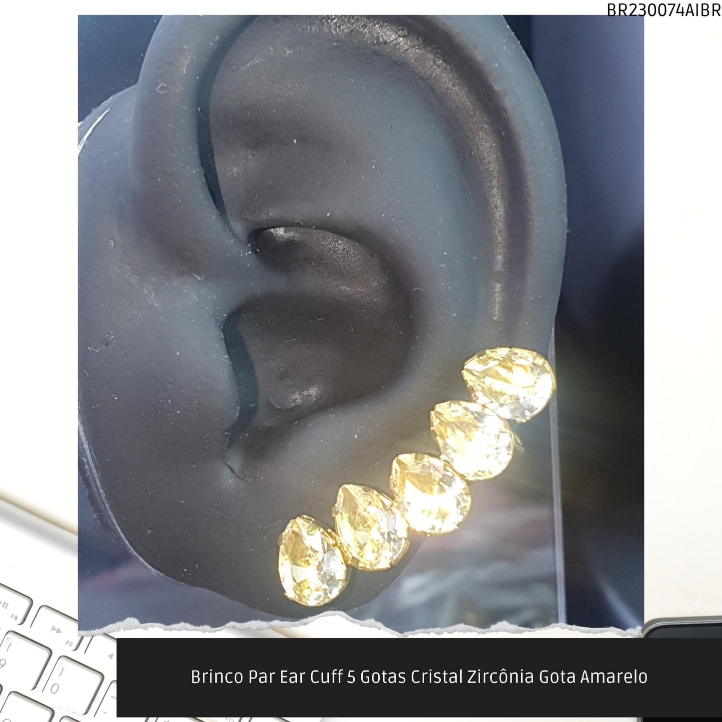 Brinco Par Ear Cuff 5 Gotas Cristal Zircônia Gota Amarelo  - Código.: BR230074AIBR  - Peso.: 5.6 gr