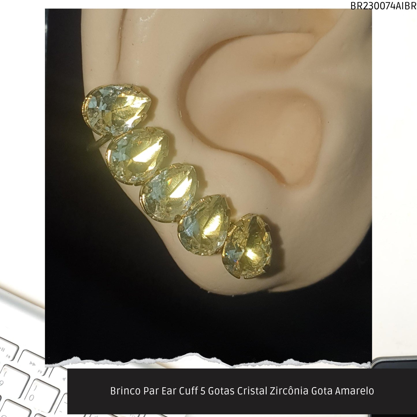 Brinco Par Ear Cuff 5 Gotas Cristal Zircônia Gota Amarelo  - Código.: BR230074AIBR  - Peso.: 5.6 gr