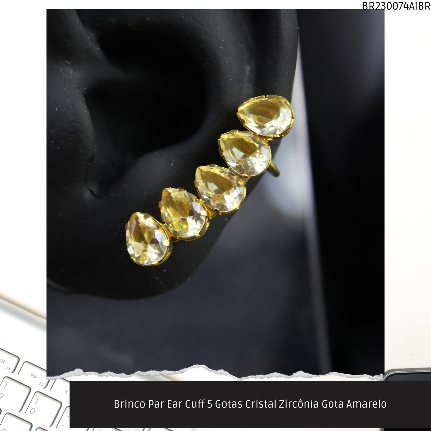 Brinco Par Ear Cuff 5 Gotas Cristal Zircônia Gota Amarelo  - Código.: BR230074AIBR  - Peso.: 5.6 gr