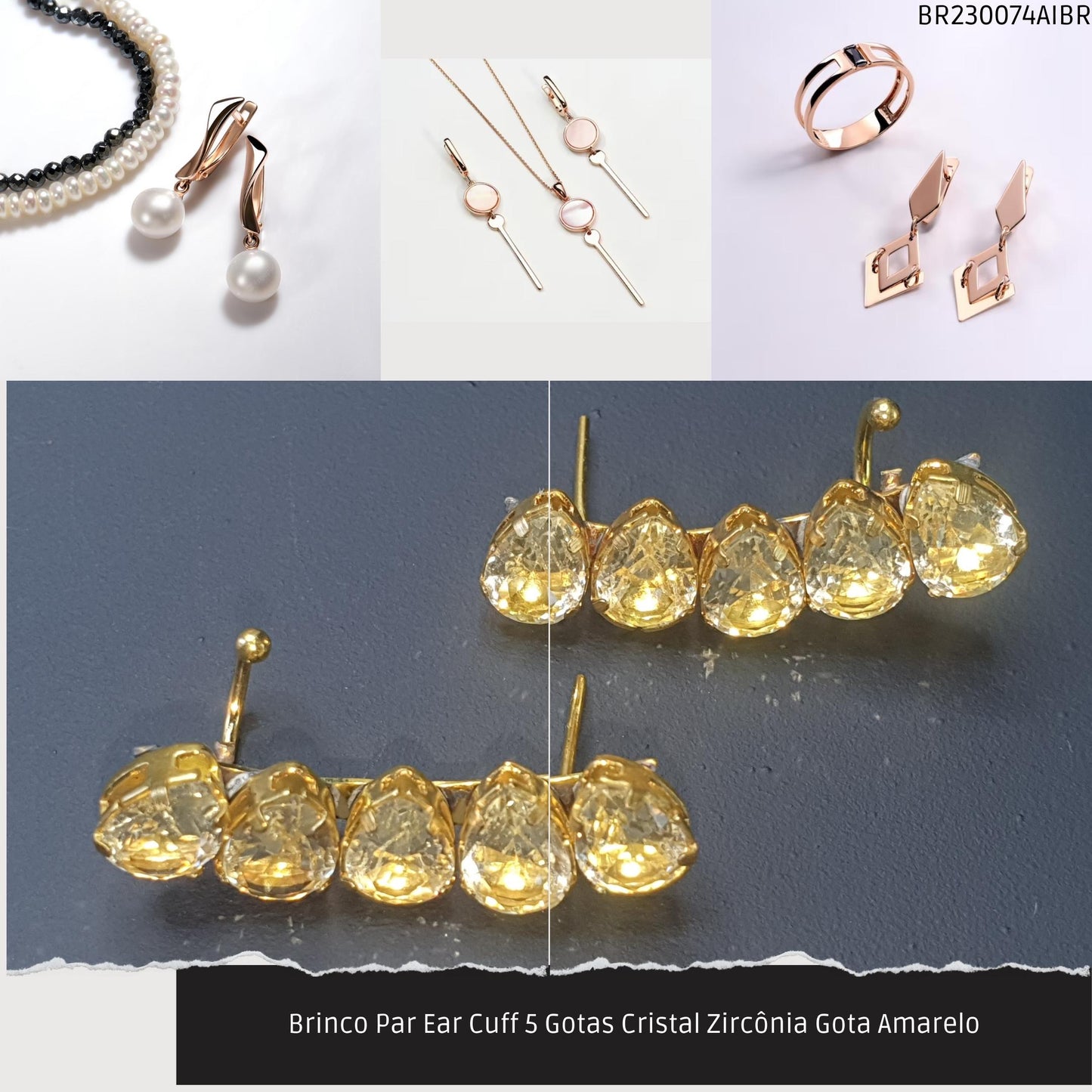 Brinco Par Ear Cuff 5 Gotas Cristal Zircônia Gota Amarelo  - Código.: BR230074AIBR  - Peso.: 5.6 gr
