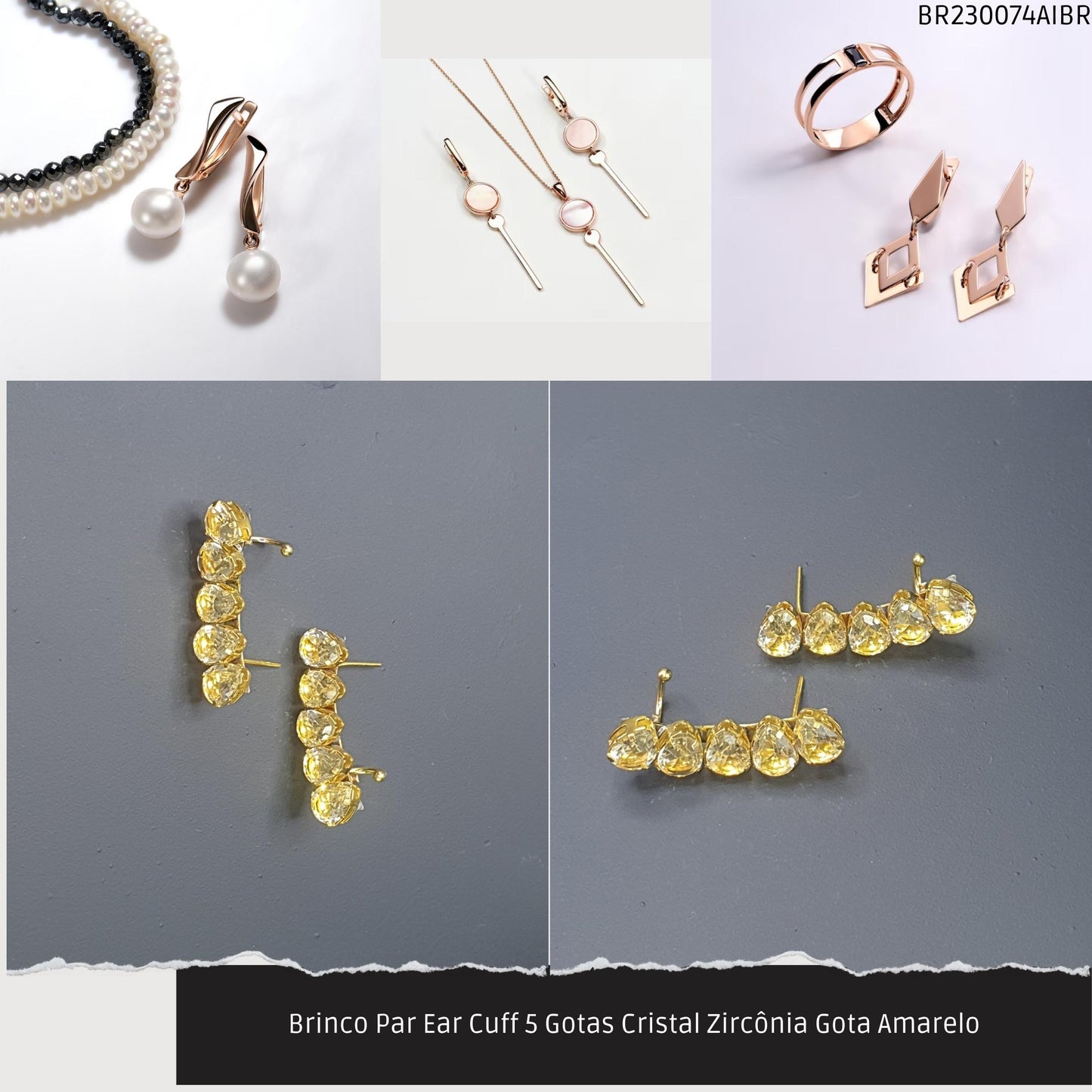 Brinco Par Ear Cuff 5 Gotas Cristal Zircônia Gota Amarelo  - Código.: BR230074AIBR  - Peso.: 5.6 gr