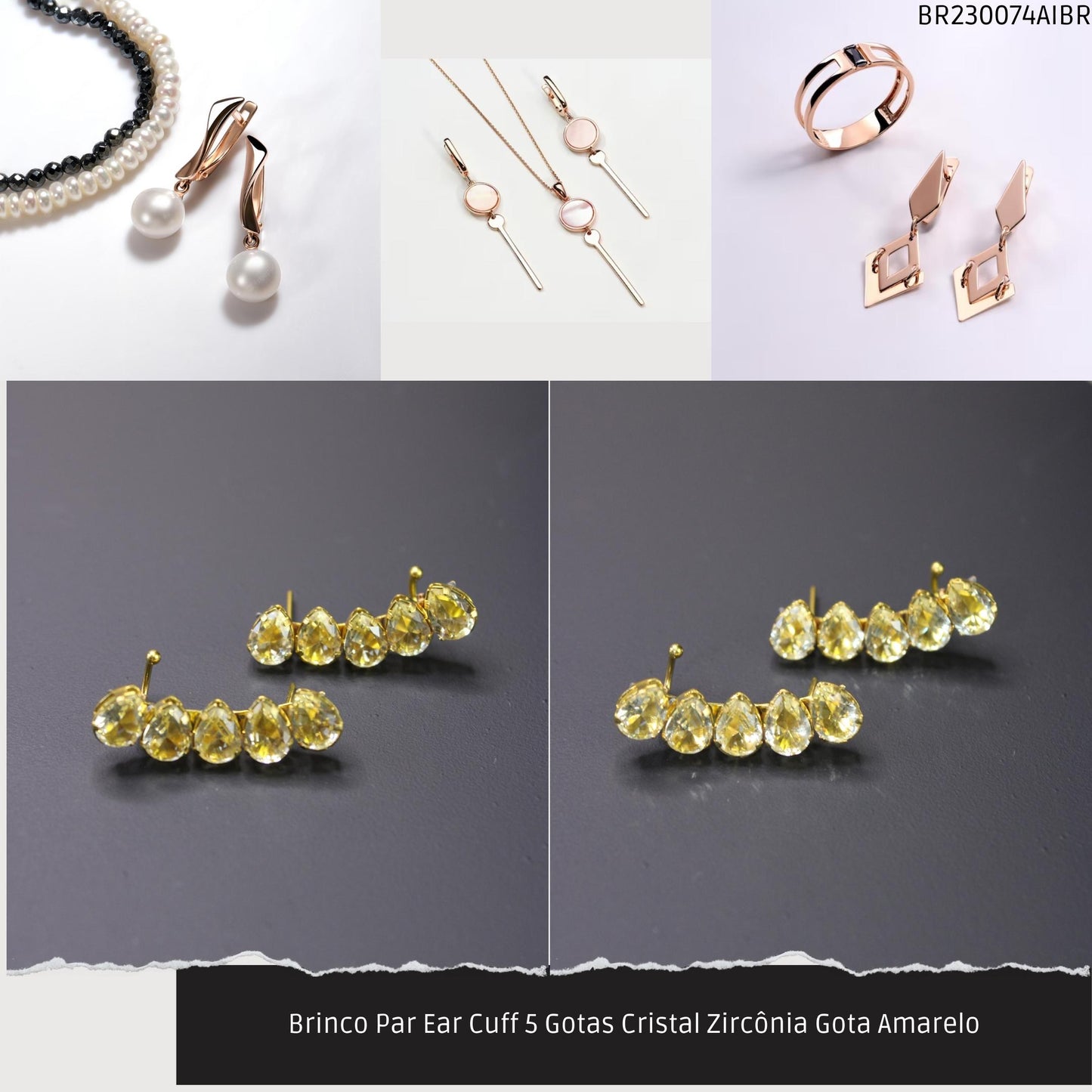 Brinco Par Ear Cuff 5 Gotas Cristal Zircônia Gota Amarelo  - Código.: BR230074AIBR  - Peso.: 5.6 gr