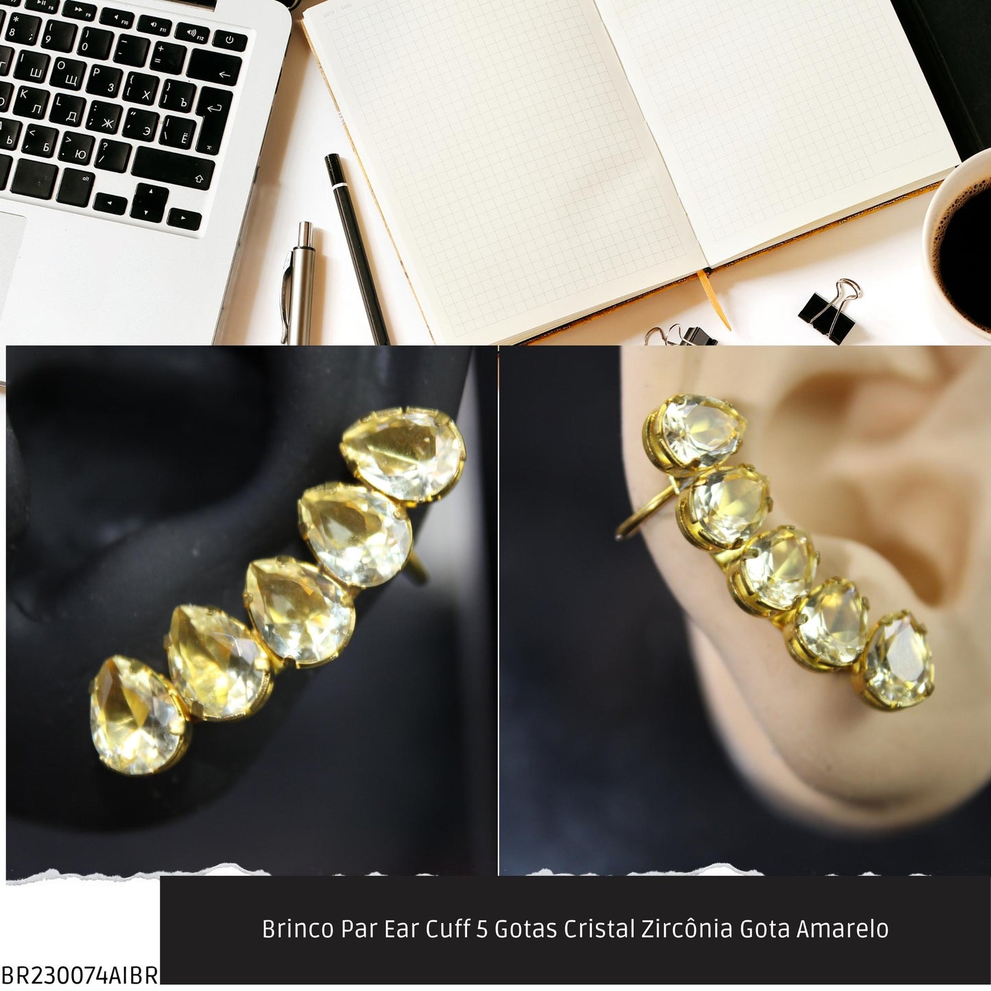 Brinco Par Ear Cuff 5 Gotas Cristal Zircônia Gota Amarelo  - Código.: BR230074AIBR  - Peso.: 5.6 gr