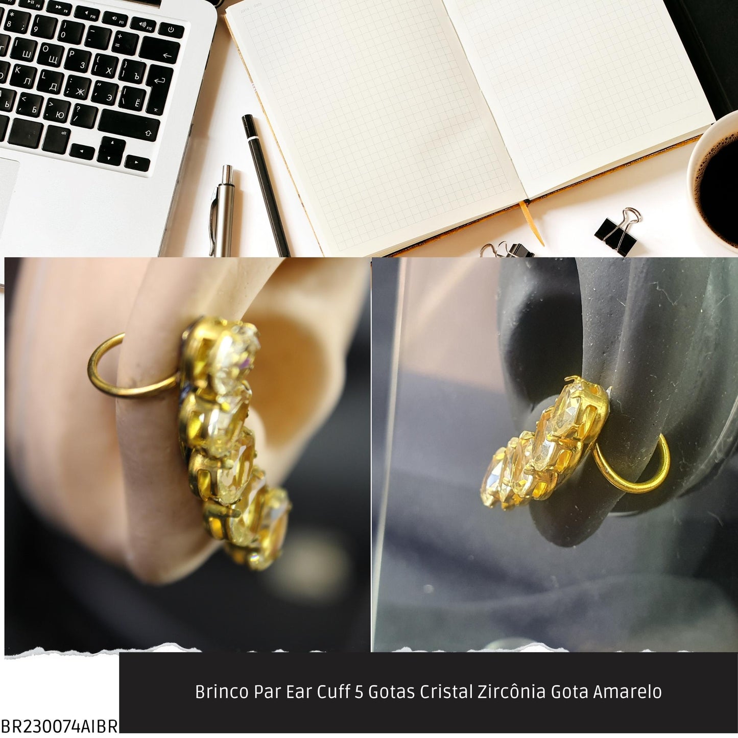 Brinco Par Ear Cuff 5 Gotas Cristal Zircônia Gota Amarelo  - Código.: BR230074AIBR  - Peso.: 5.6 gr