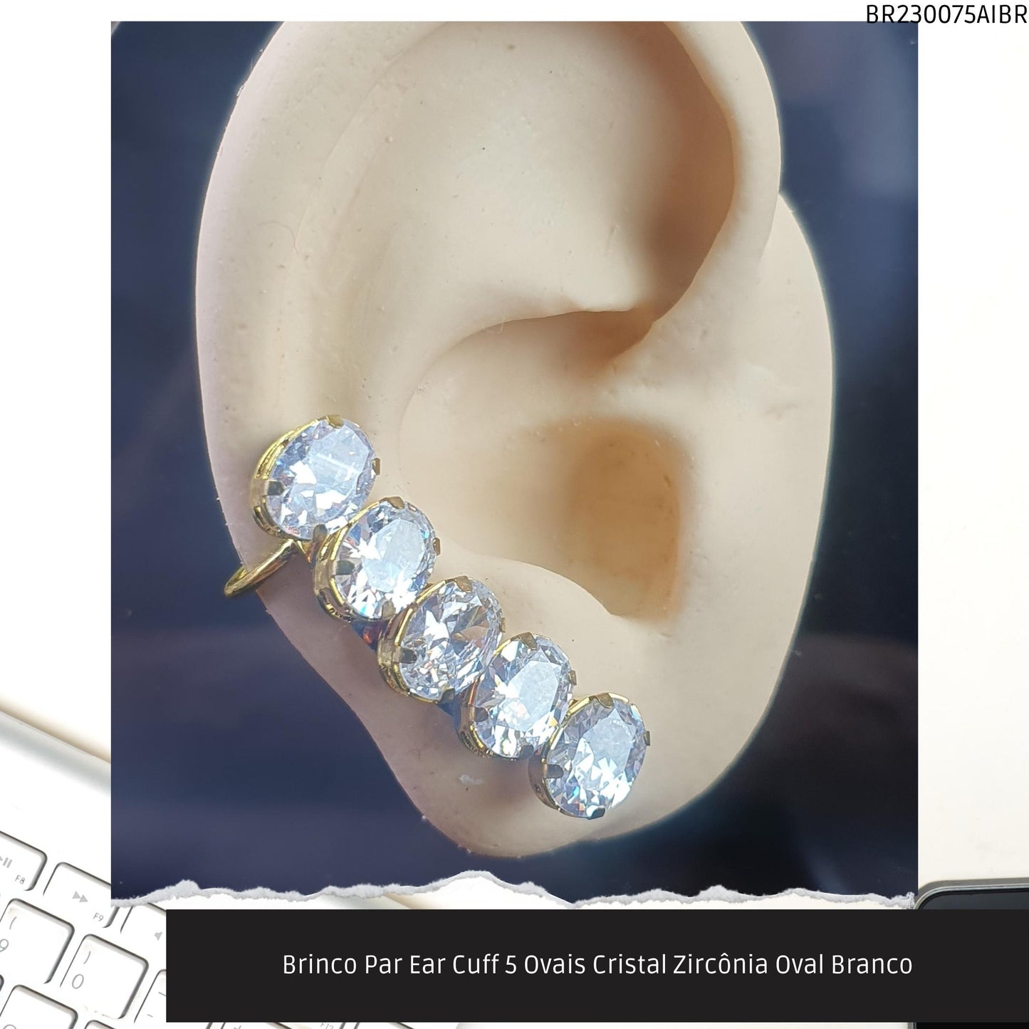 Brinco Par Ear Cuff 5 Ovais Cristal Zircônia Oval Branco  - Código.: BR230075AIBR  - Peso.: 7.8 gr