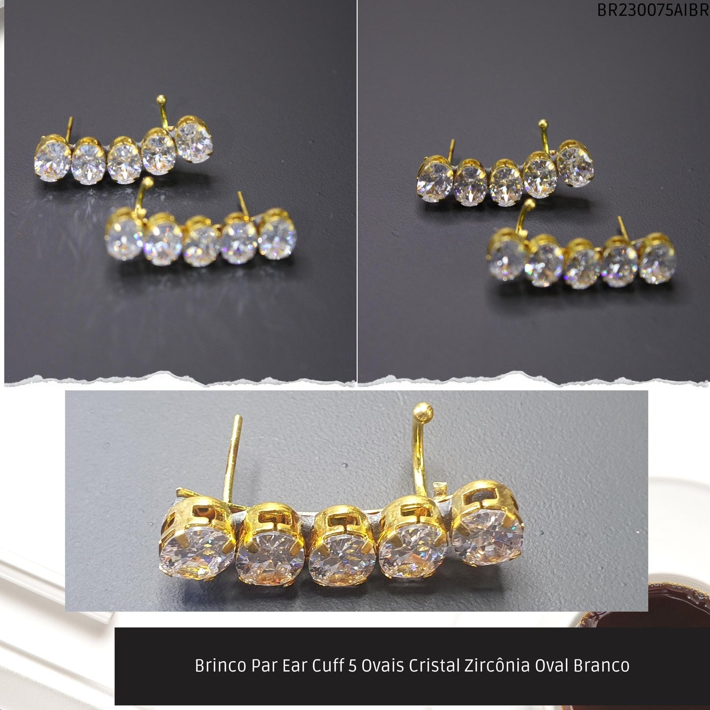 Brinco Par Ear Cuff 5 Ovais Cristal Zircônia Oval Branco  - Código.: BR230075AIBR  - Peso.: 7.8 gr