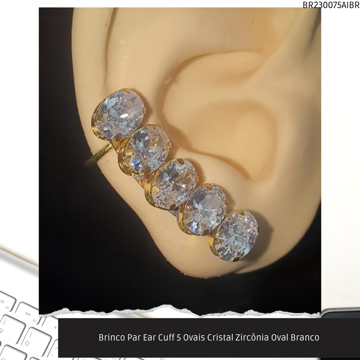 Brinco Par Ear Cuff 5 Ovais Cristal Zircônia Oval Branco  - Código.: BR230075AIBR  - Peso.: 7.8 gr