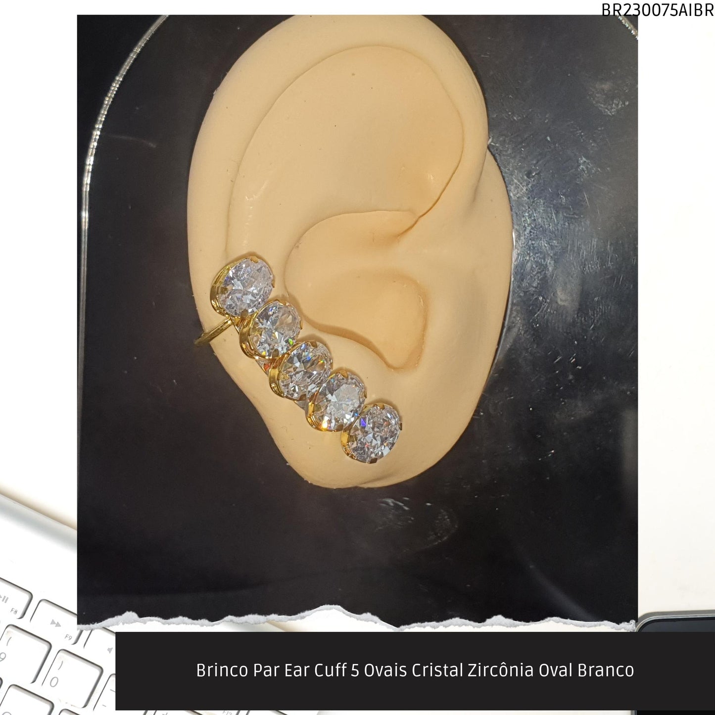 Brinco Par Ear Cuff 5 Ovais Cristal Zircônia Oval Branco  - Código.: BR230075AIBR  - Peso.: 7.8 gr