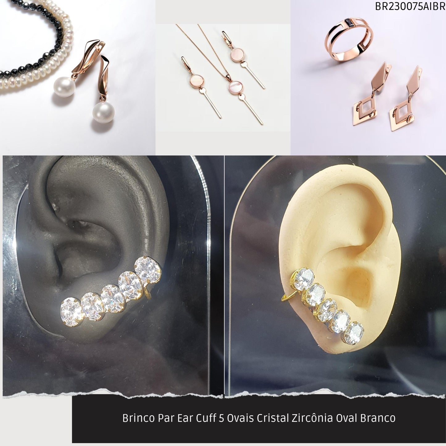 Brinco Par Ear Cuff 5 Ovais Cristal Zircônia Oval Branco  - Código.: BR230075AIBR  - Peso.: 7.8 gr