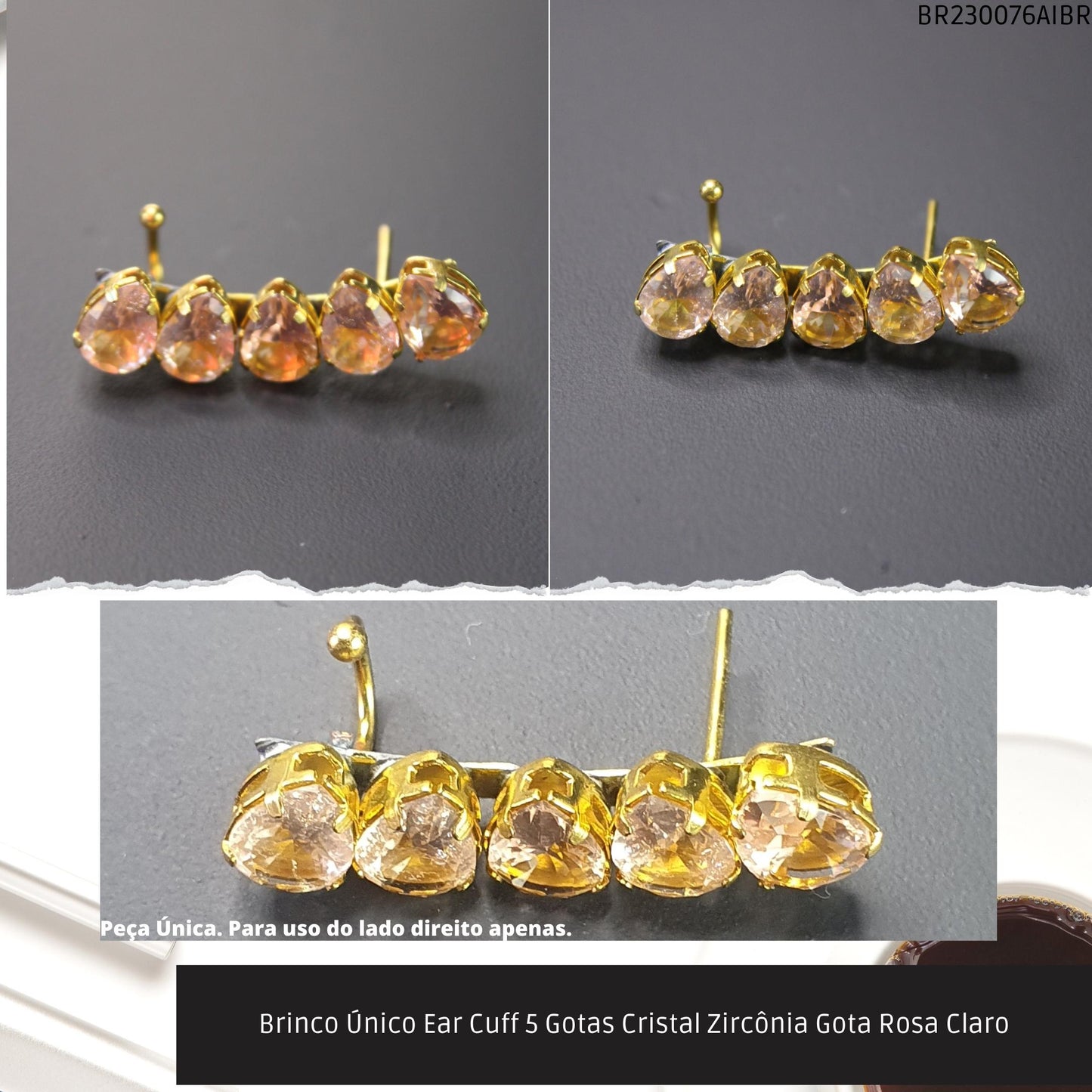 Brinco Único Ear Cuff 5 Gotas Cristal Zircônia Gota Rosa Claro  - Código.: BR230076AIBR  - Peso.: 2.8 gr