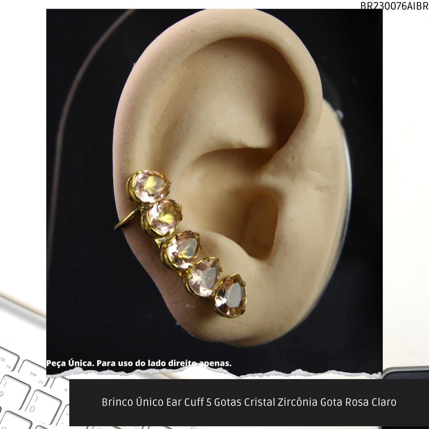 Brinco Único Ear Cuff 5 Gotas Cristal Zircônia Gota Rosa Claro  - Código.: BR230076AIBR  - Peso.: 2.8 gr