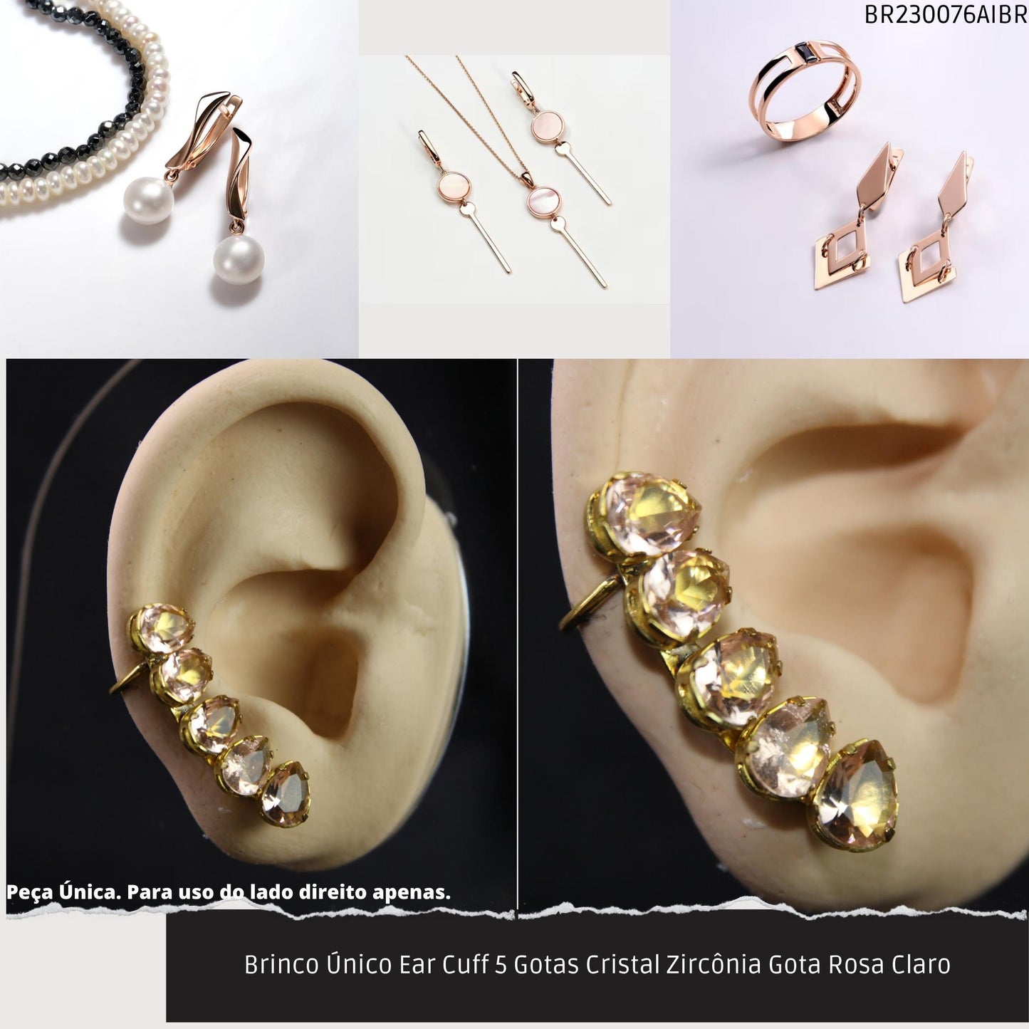 Brinco Único Ear Cuff 5 Gotas Cristal Zircônia Gota Rosa Claro  - Código.: BR230076AIBR  - Peso.: 2.8 gr